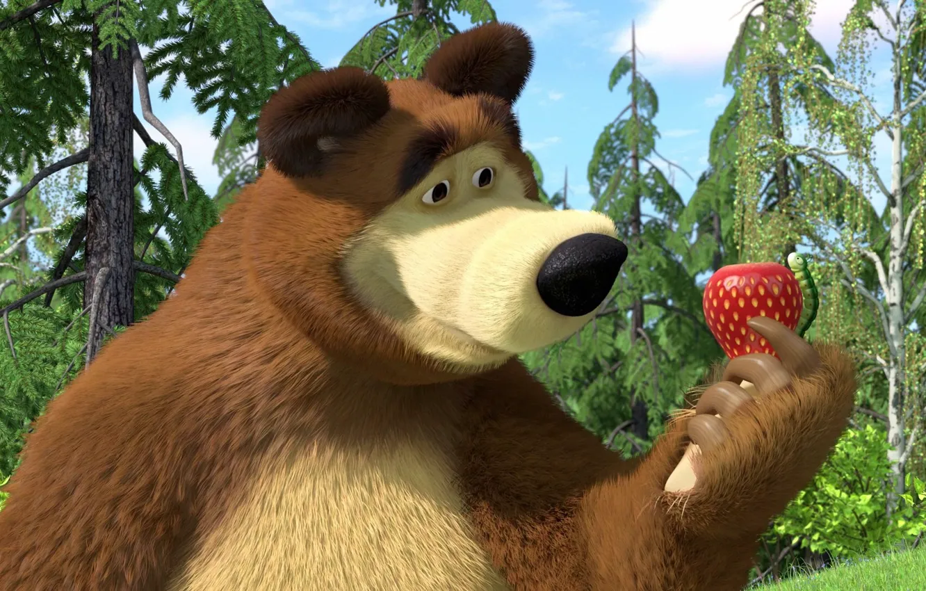 Photo wallpaper cartoon, strawberry, bear, Masha and the bear