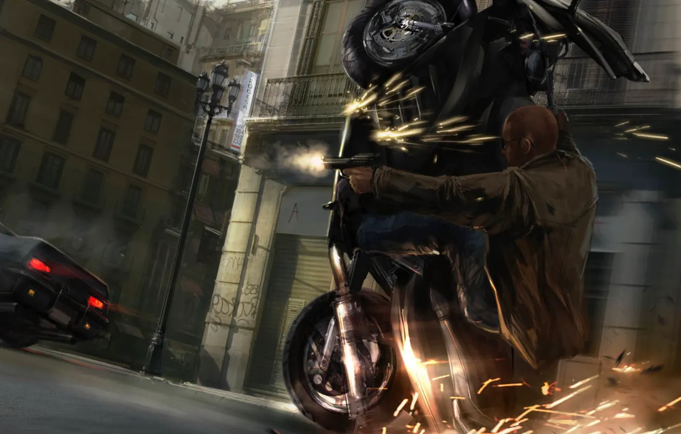 Photo wallpaper gun, chase, sparks, motorcycle, shooting