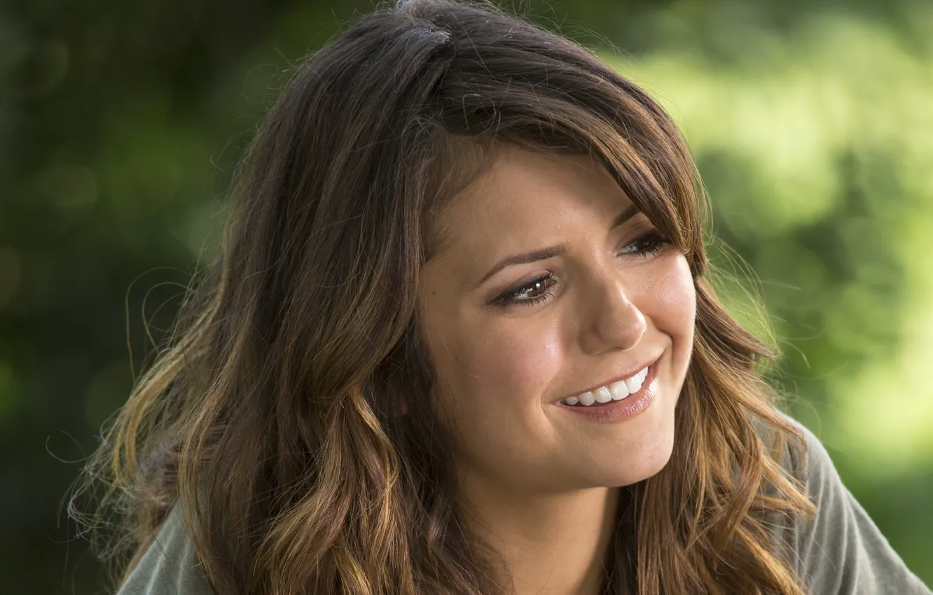 Photo wallpaper close-up, face, smile, frame, actress, Nina Dobrev, Nina Dobrev, bokeh