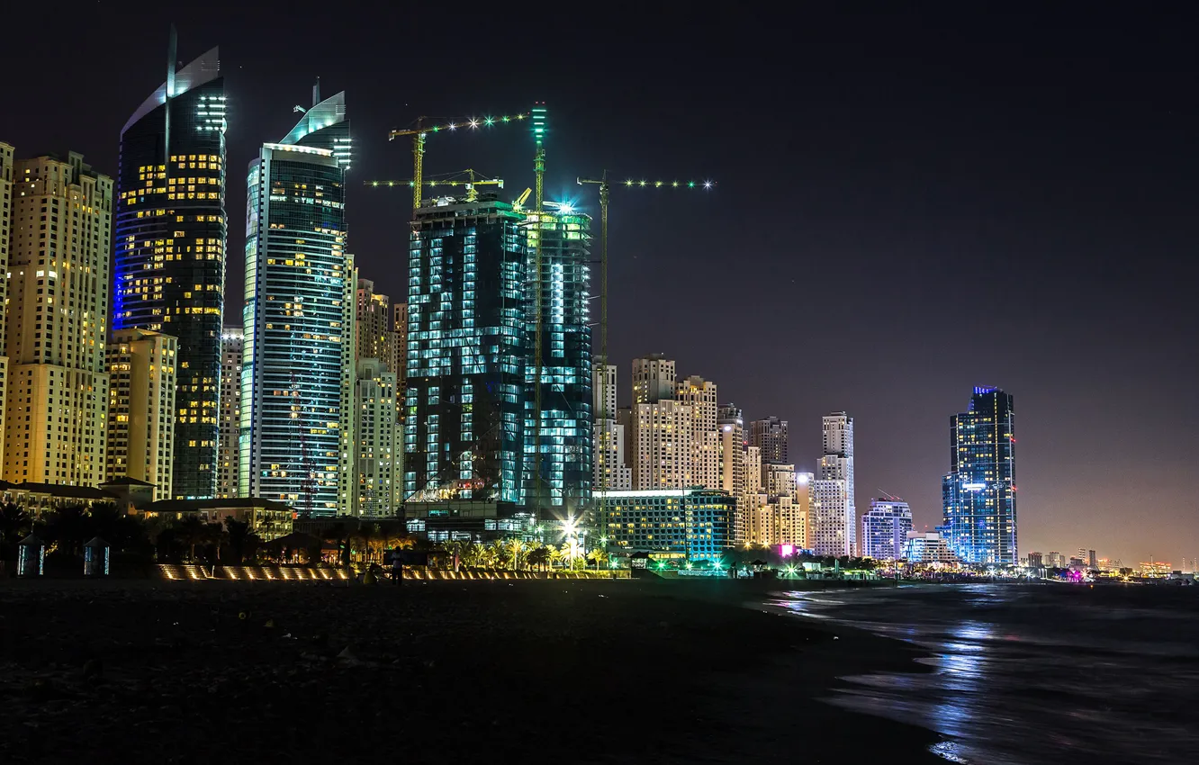 Photo wallpaper night, lights, coast, building, home, skyscrapers, lights, Bay