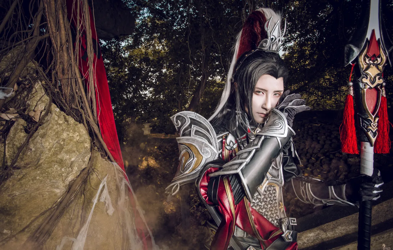 Photo wallpaper style, weapons, armor, male, spear, cosplay