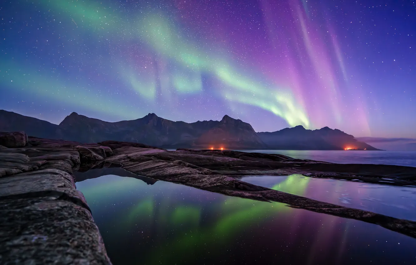 Photo wallpaper sea, mountains, coast, Northern lights, Norway, Norway, starry sky, Senja Island