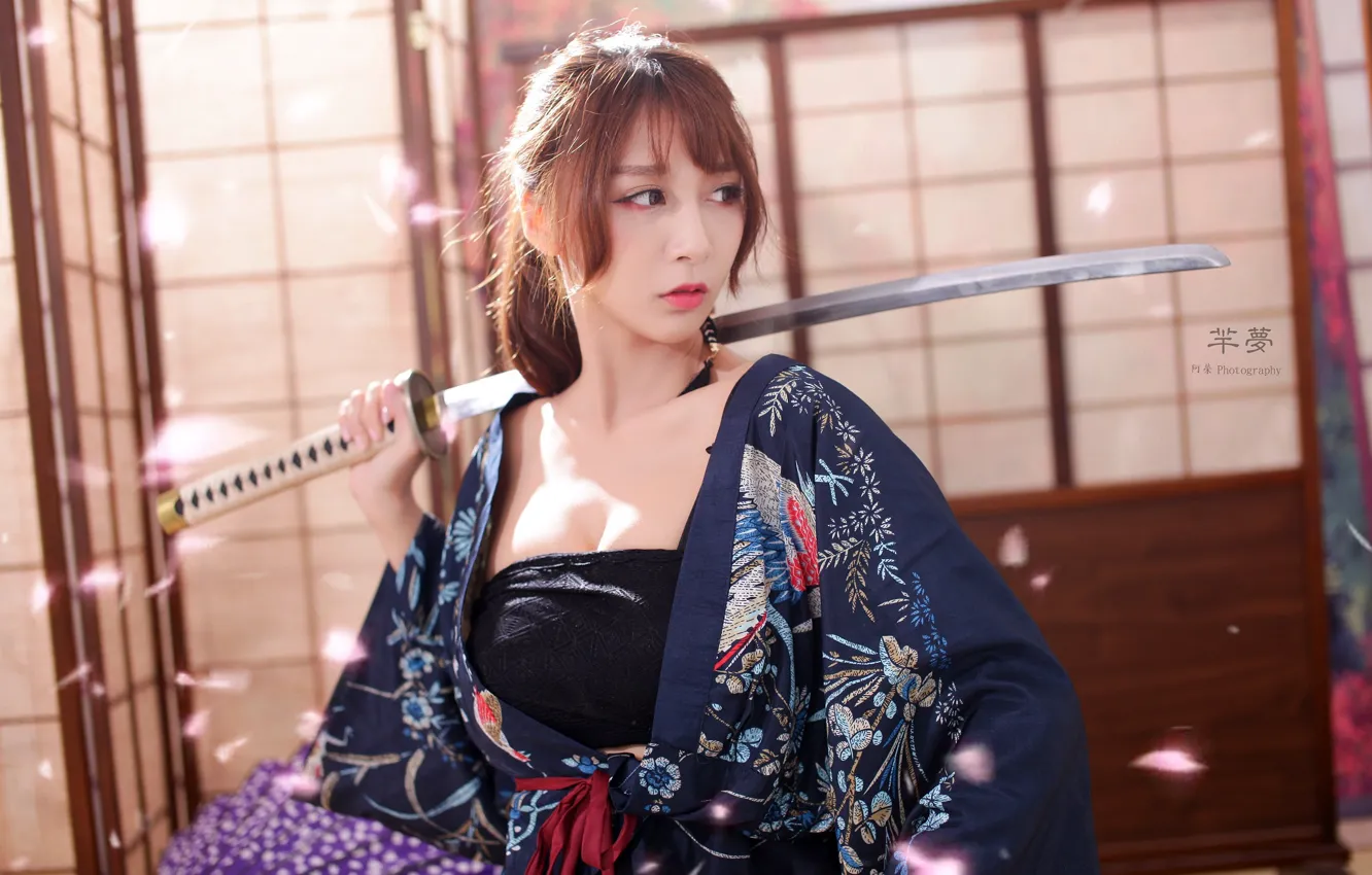 Photo wallpaper pose, weapons, sword, katana, makeup, hairstyle, brown hair, kimono