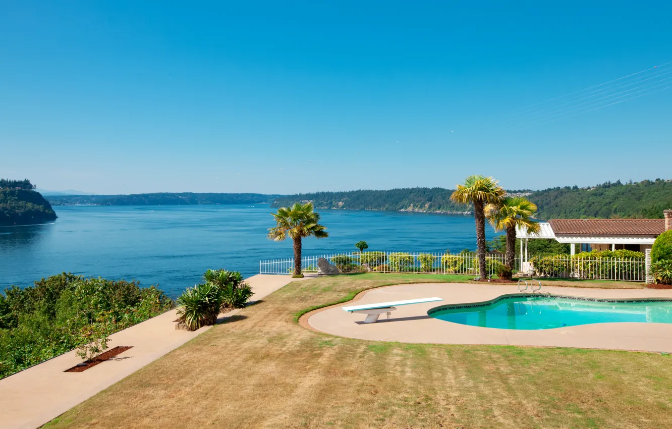 Photo wallpaper the sky, design, lake, palm trees, lawn, blue, pool, Washington