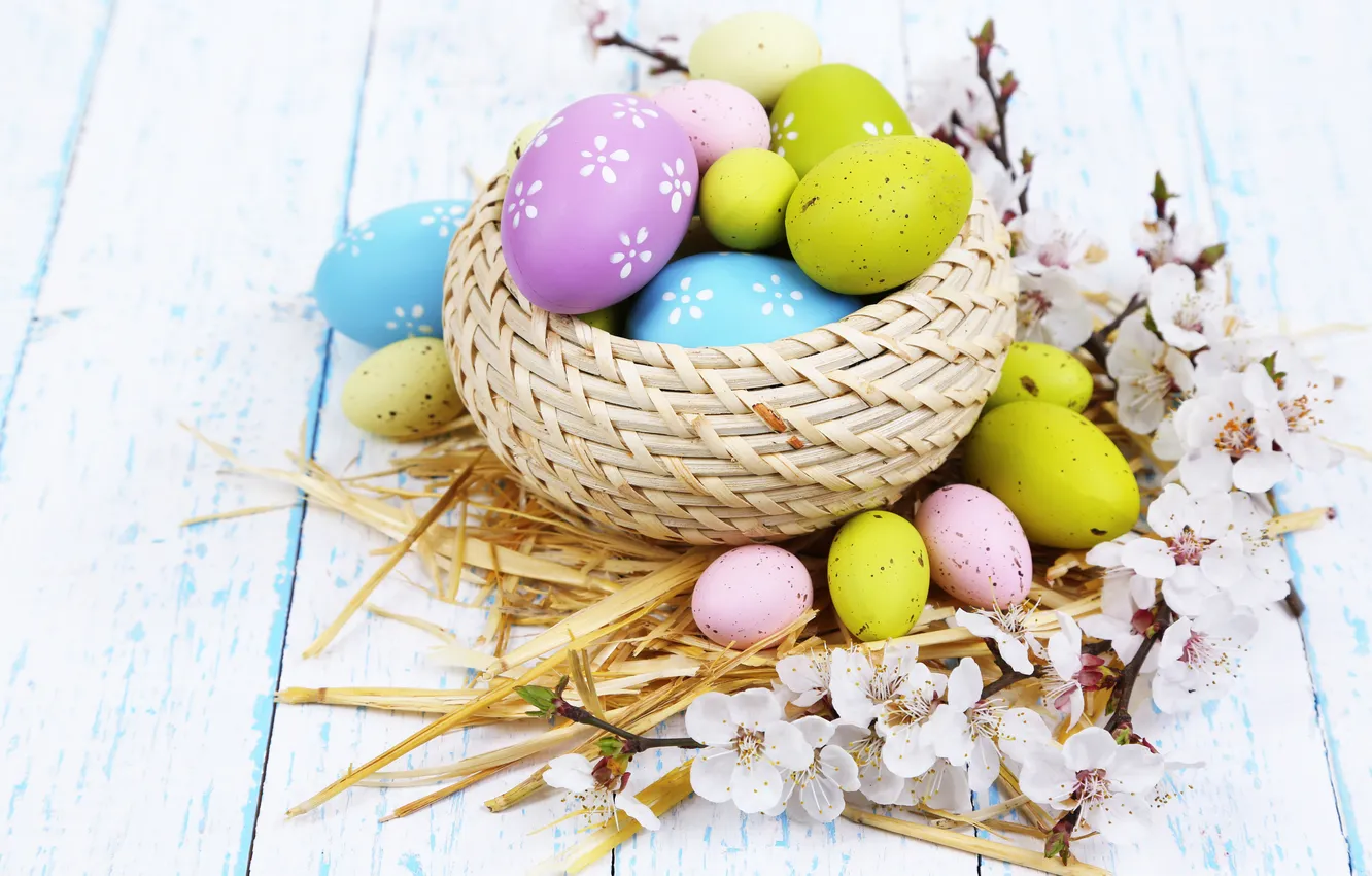 Photo wallpaper flowers, eggs, spring, colorful, Easter, wood, flowers, spring
