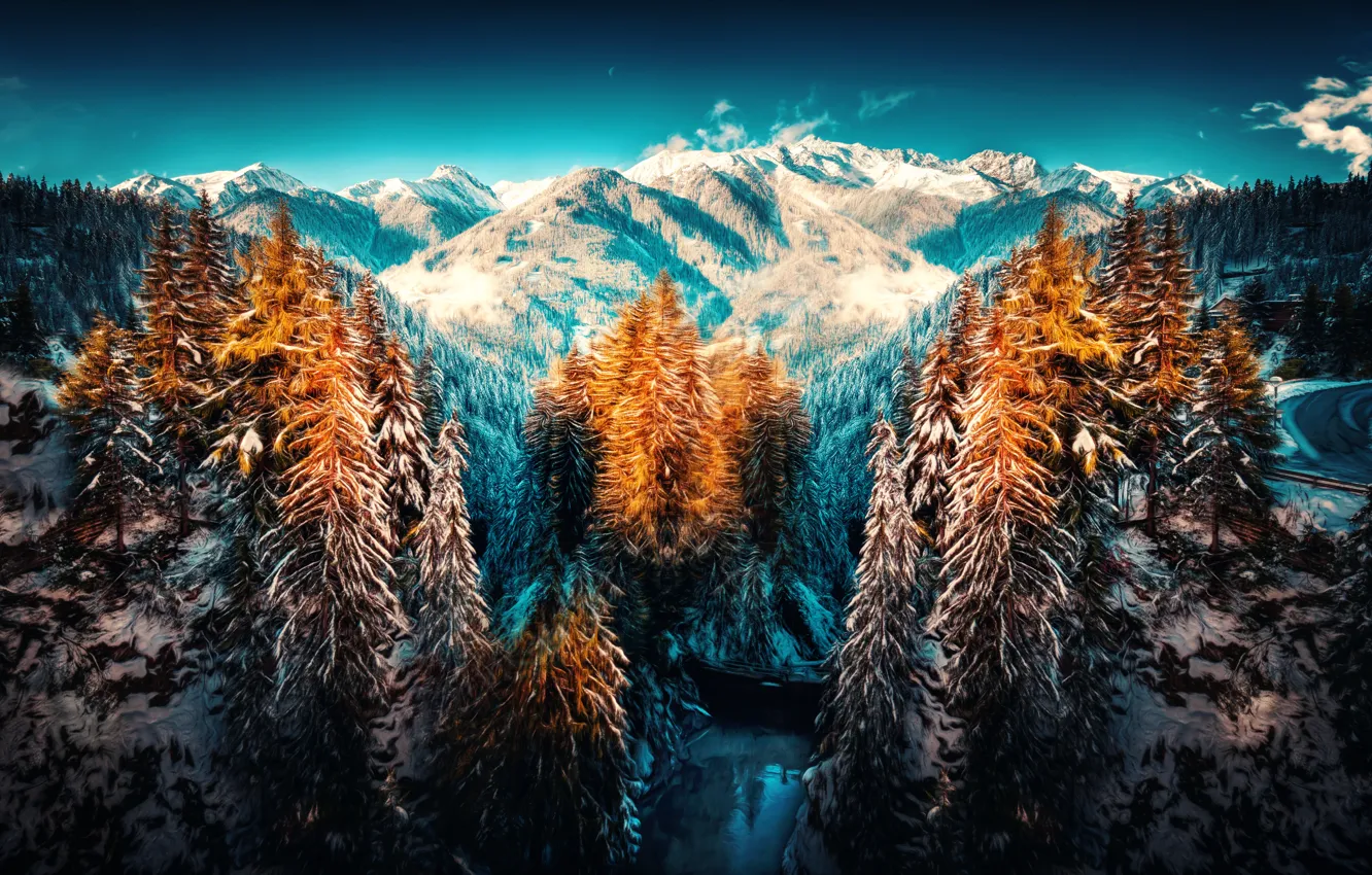 Photo wallpaper snow, trees, mountains, treatment, Winterland