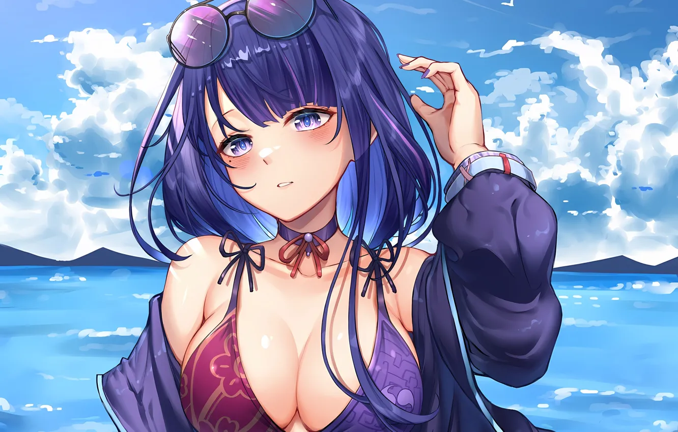 Photo wallpaper girl, sexy, cleavage, beach, sky, long hair, sea, boobs