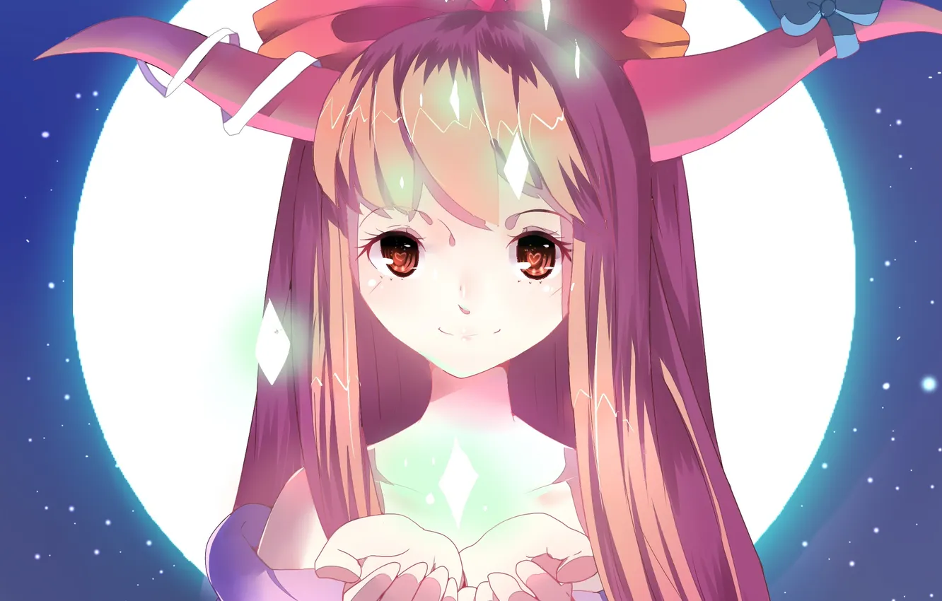 Photo wallpaper girl, night, the moon, art, tape, hearts, horns, bow