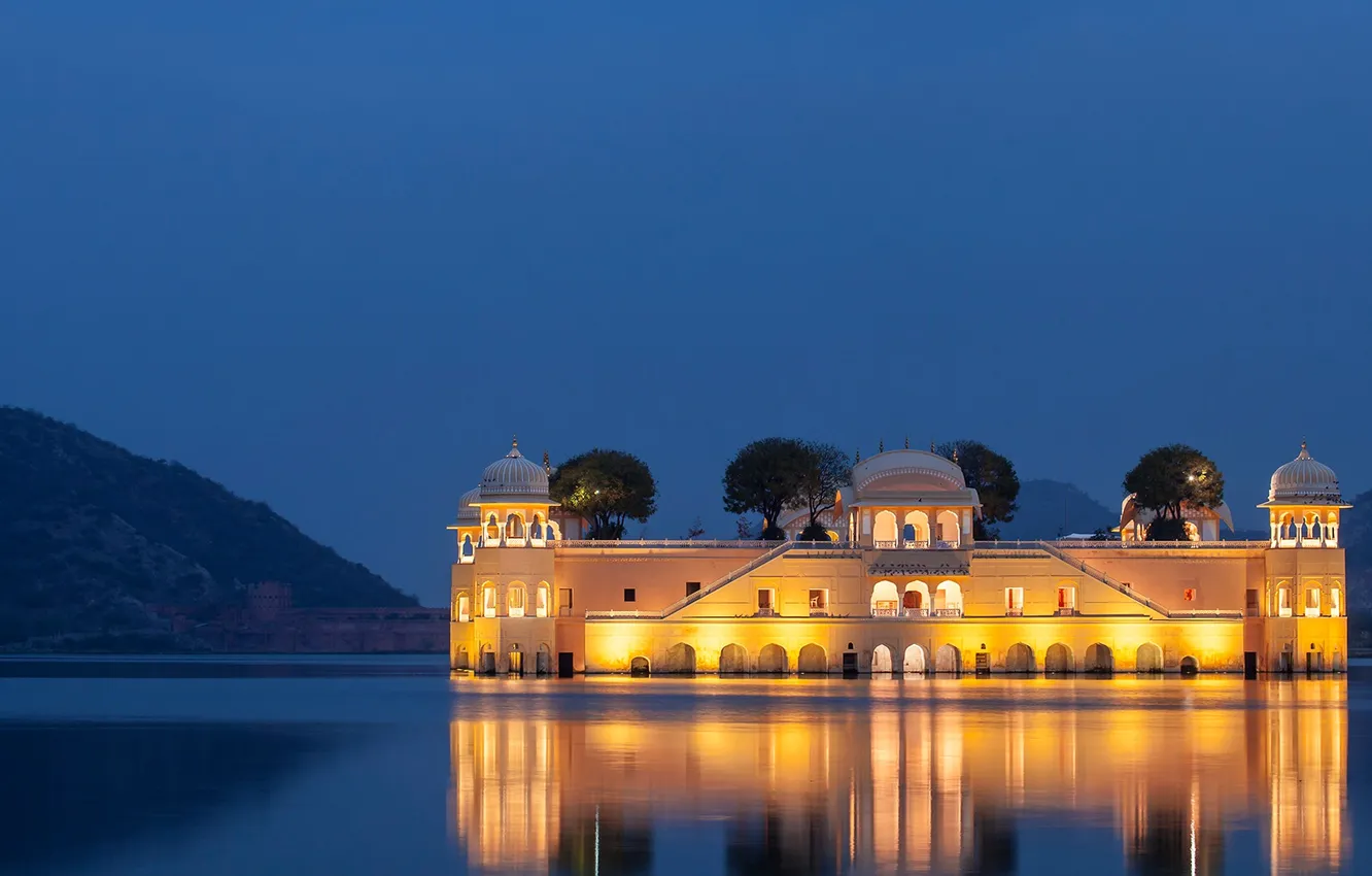 Photo wallpaper mountains, lights, lake, India, Palace, Jaipur, Man Sagar Lake, Jal Mahal Palace