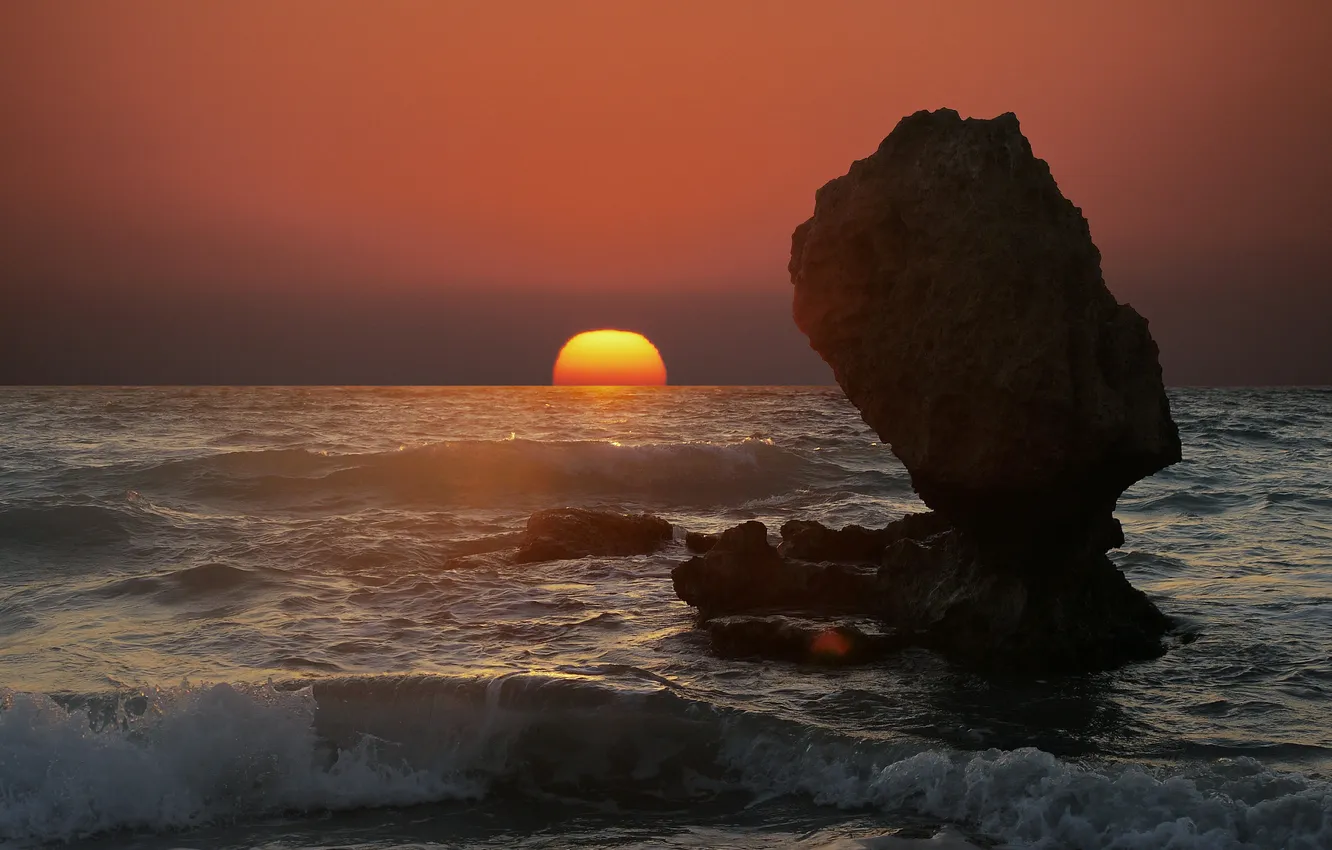 Photo wallpaper sea, wave, the sun, sunset, rock