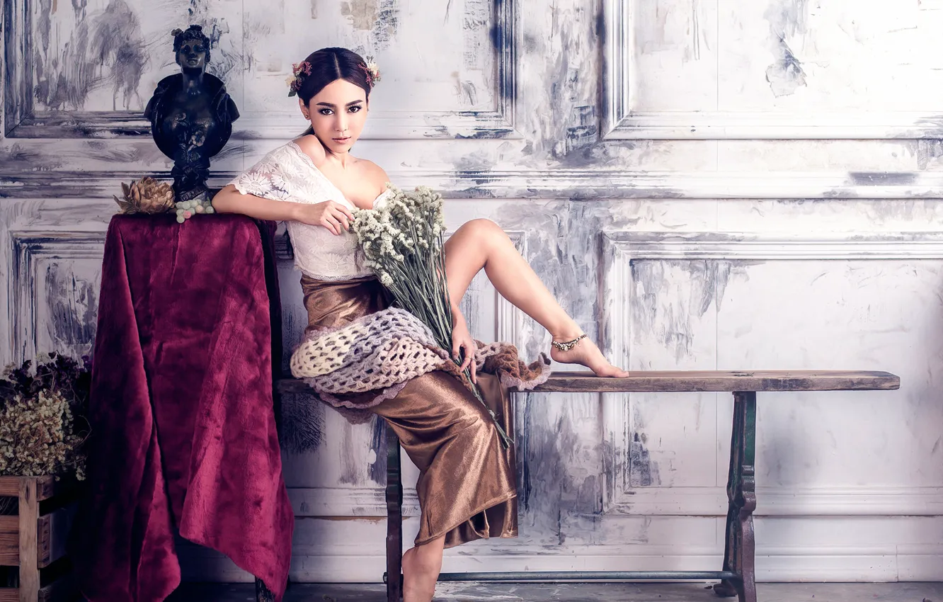 Photo wallpaper neckline, legs, Oriental girl, Chakrit Chanpen