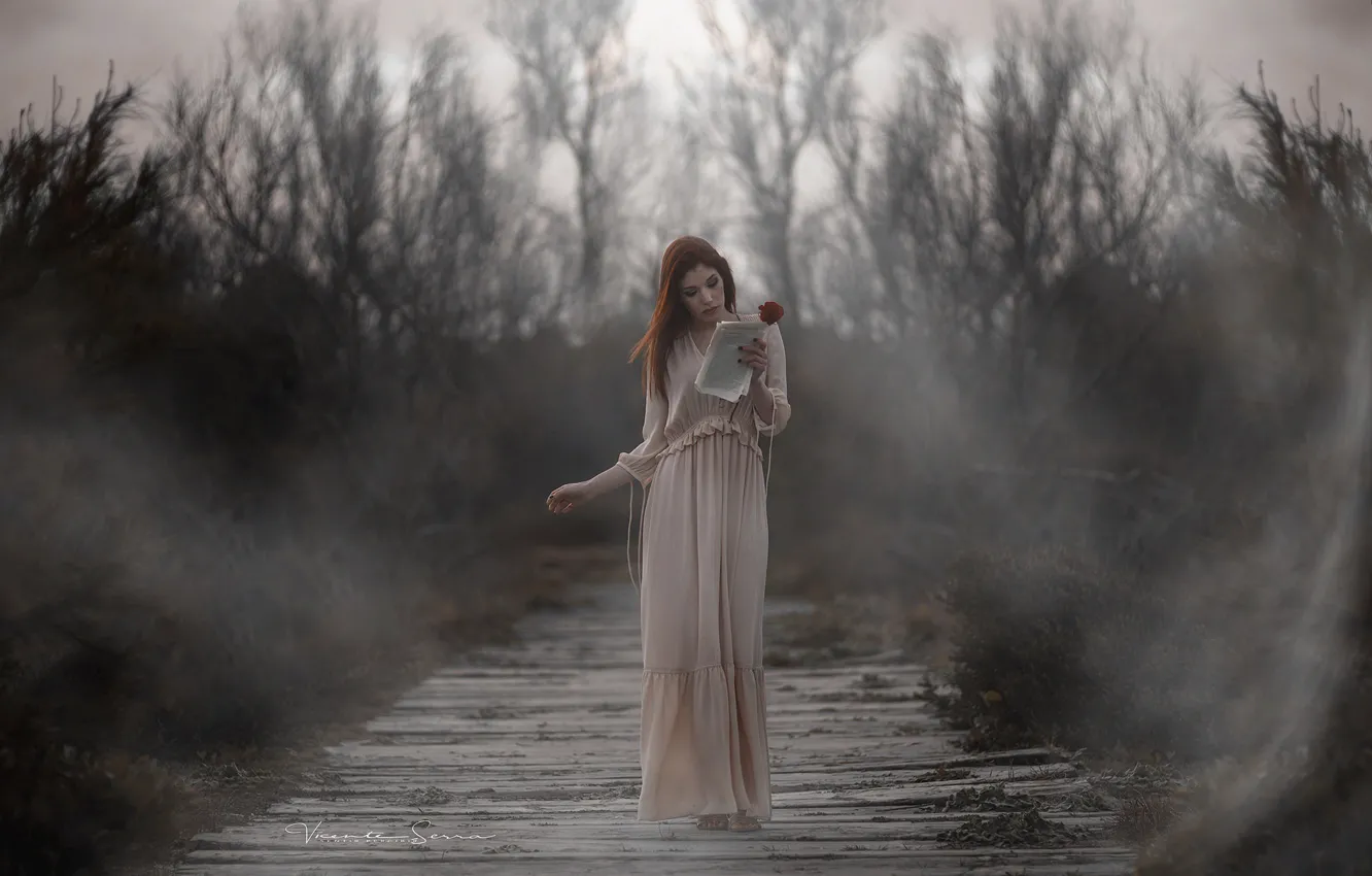 Photo wallpaper girl, flowers, fog