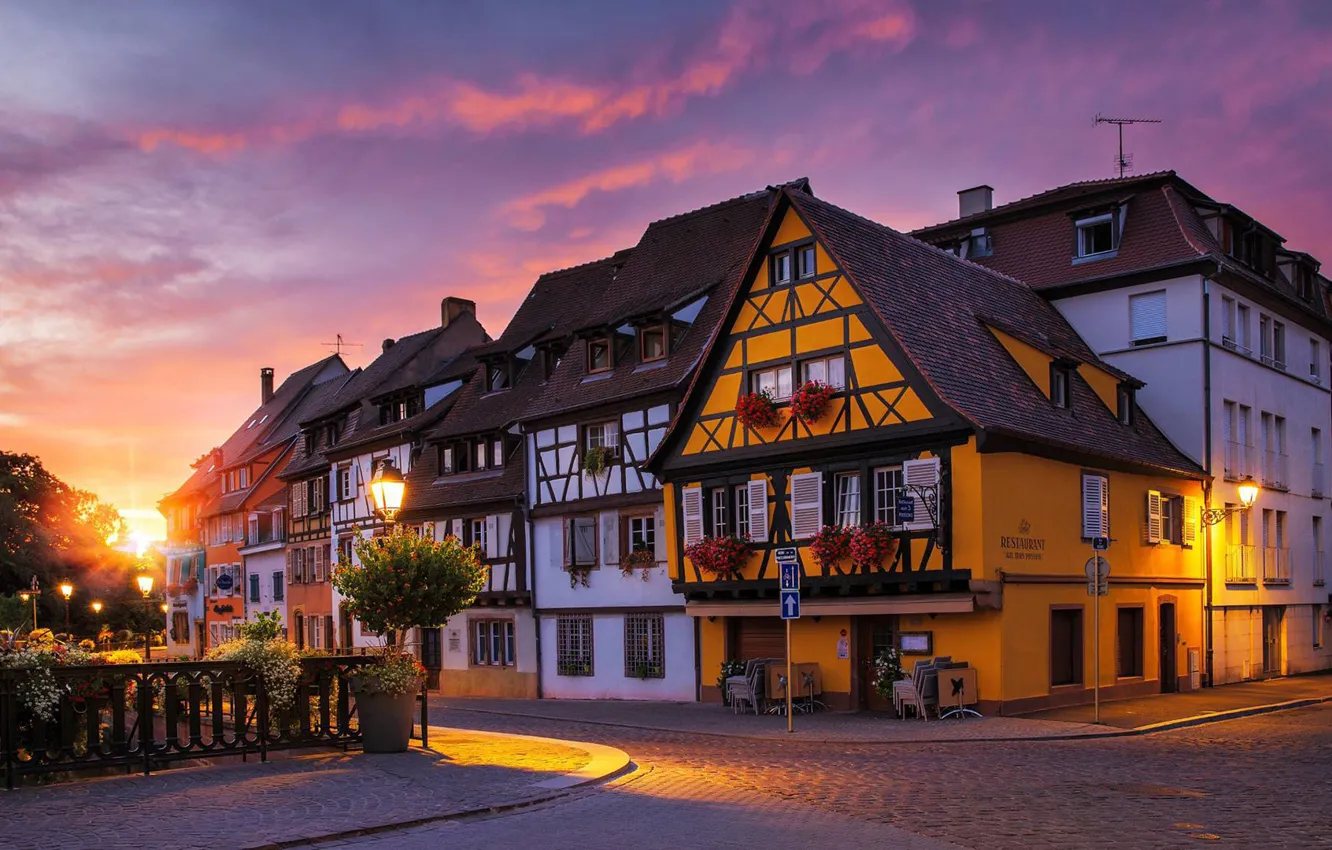 Photo wallpaper dawn, street, cafe, France, Colmar
