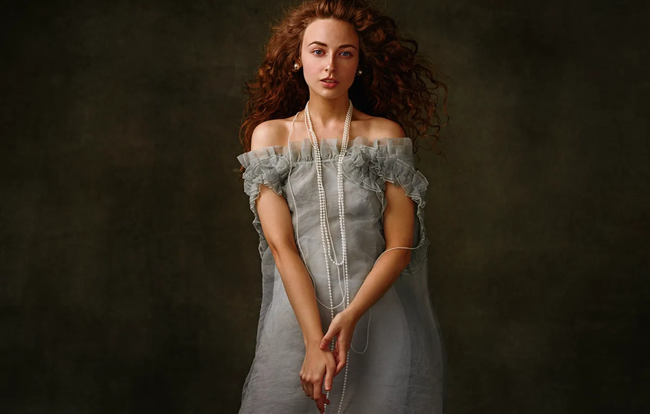 Photo wallpaper look, girl, pose, background, hands, dress, beads, red