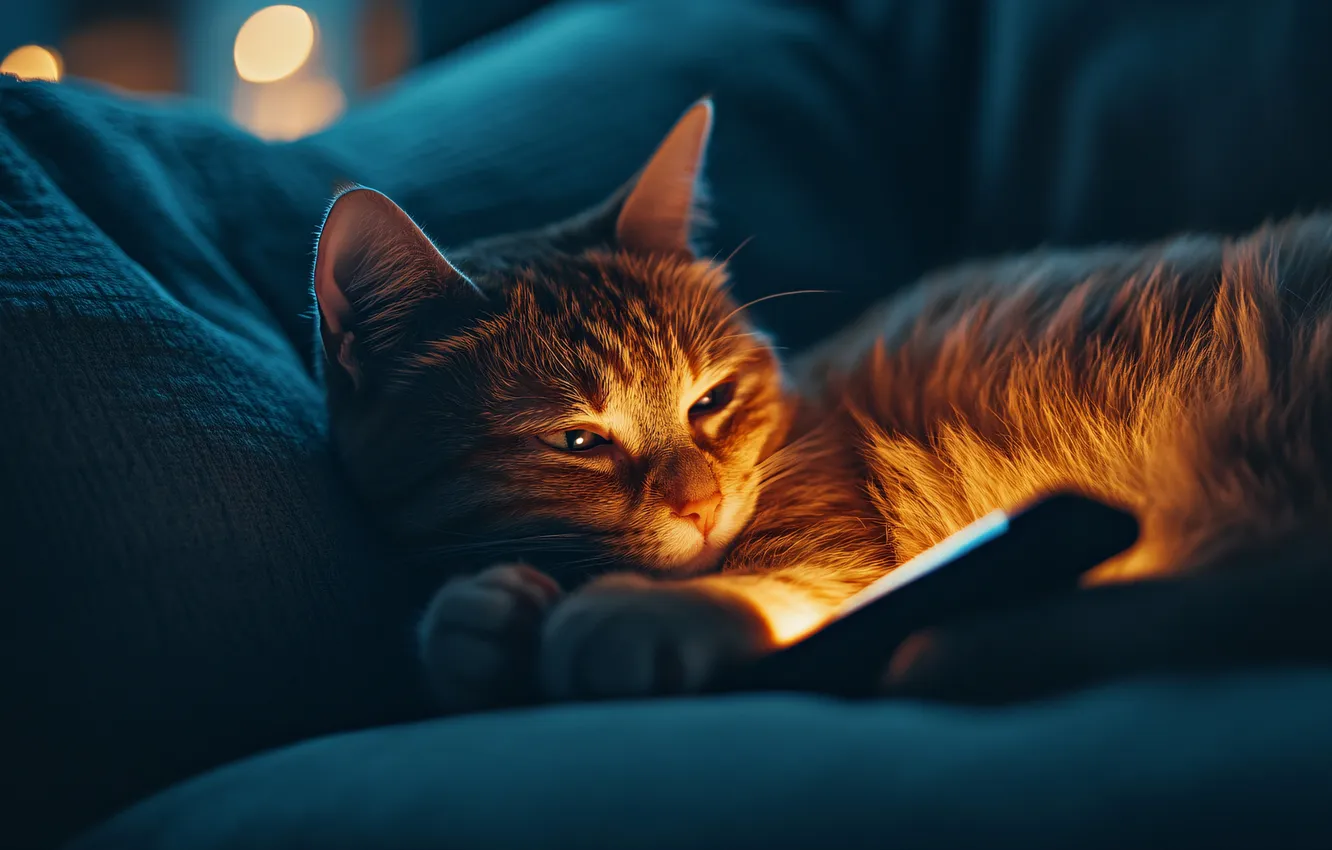 Photo wallpaper cat, cat, look, night, pose, face, smartphone, AI art