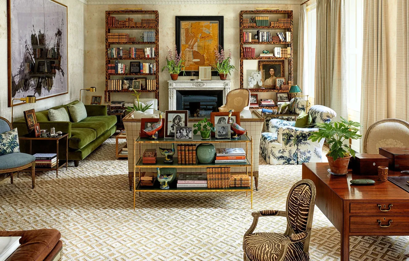 Photo wallpaper design, style, interior, picture, fireplace, library, living room