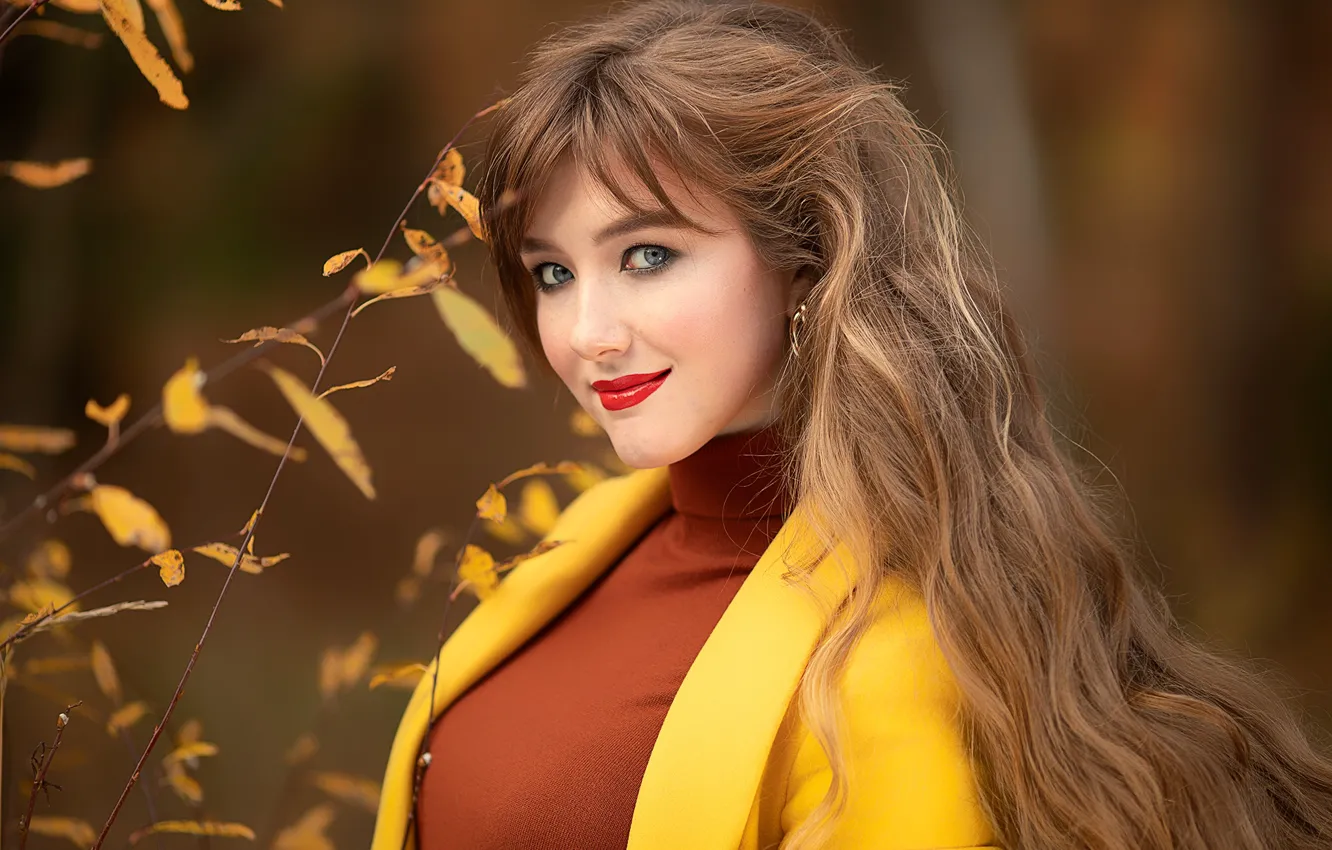 Photo wallpaper autumn, look, leaves, girl, branches, smile, makeup, brown hair