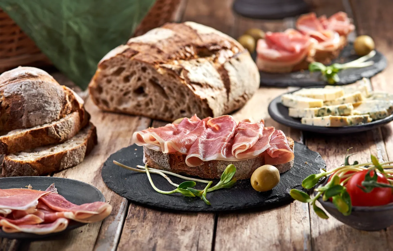 Photo wallpaper bread, meat, olives, sandwiches, ham