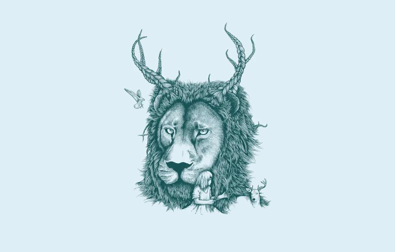 Photo wallpaper bird, minimalism, Leo, deer, girl, horns, braids, light background