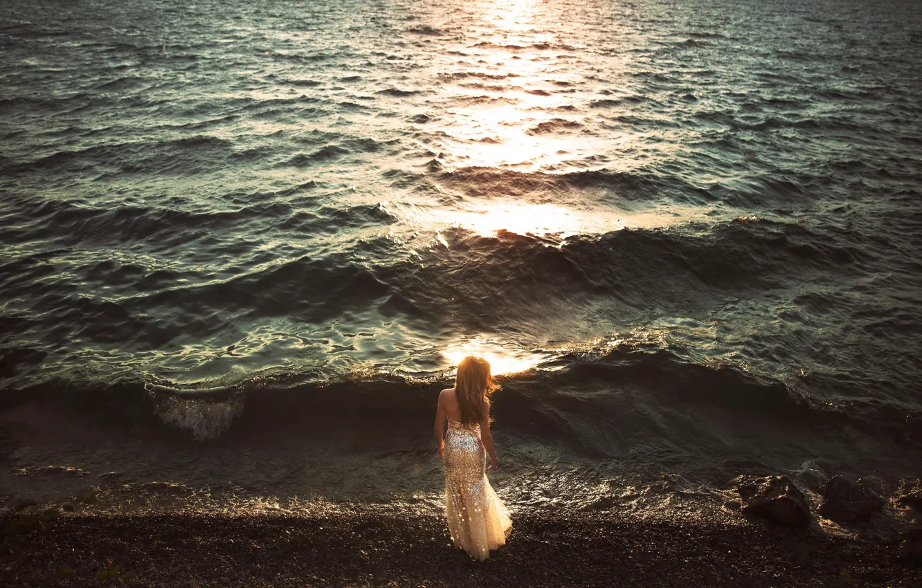 Photo wallpaper wave, girl, dress, Lichon