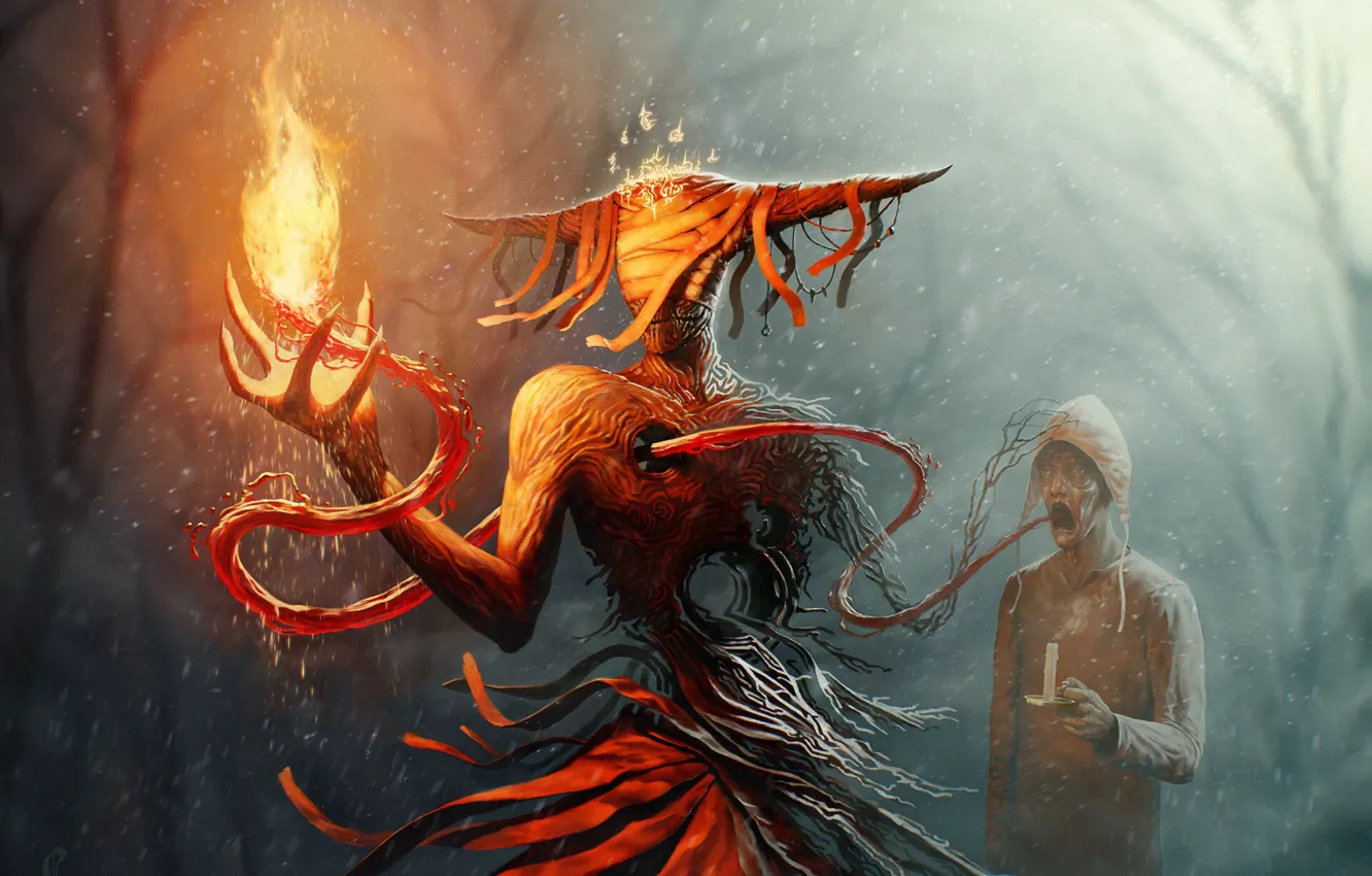 Photo wallpaper lights, fiction, monster, being, art, fire, fantasy, monster