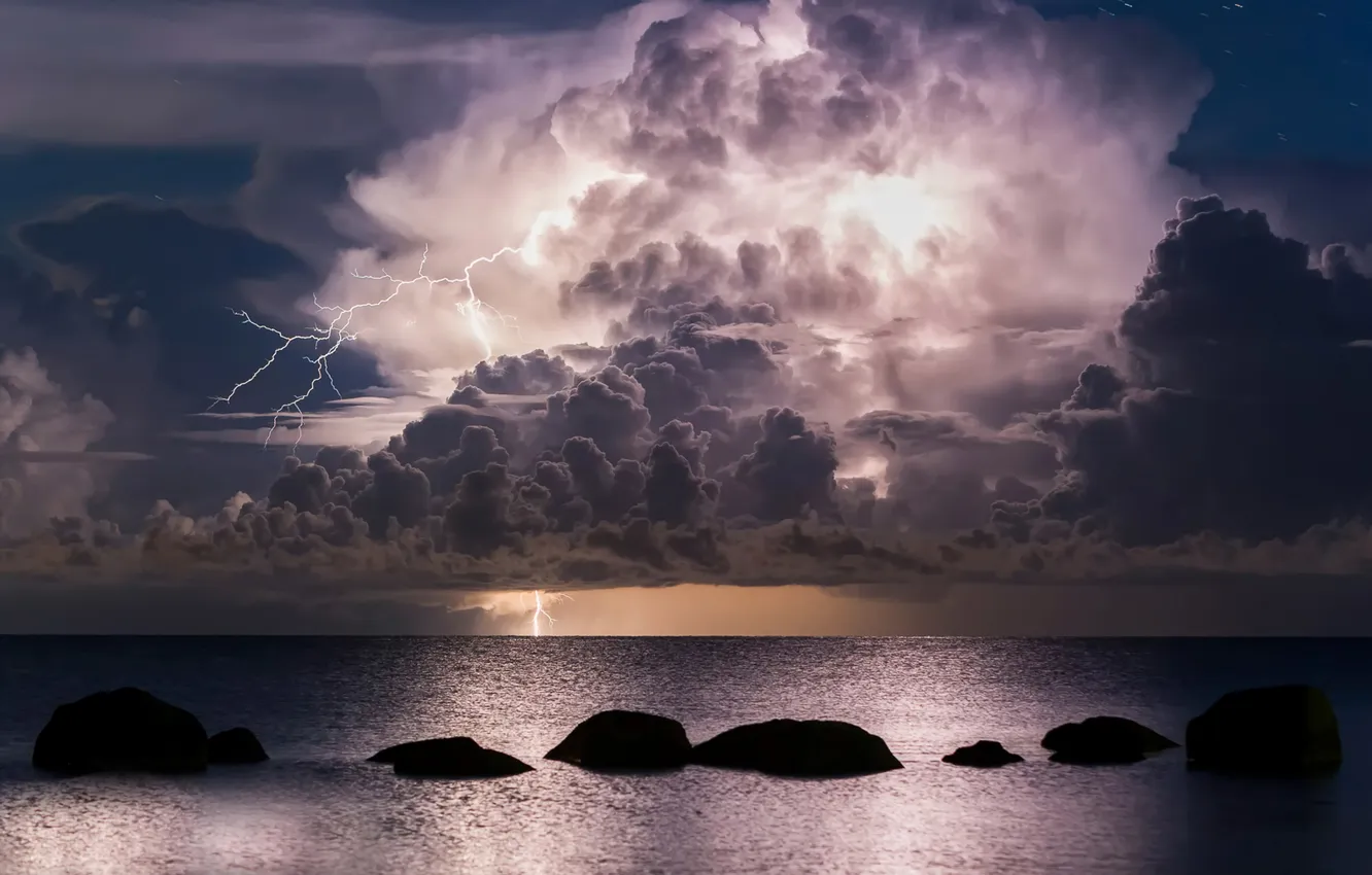 Photo wallpaper sea, the storm, the sky, landscape, night, clouds, storm, nature