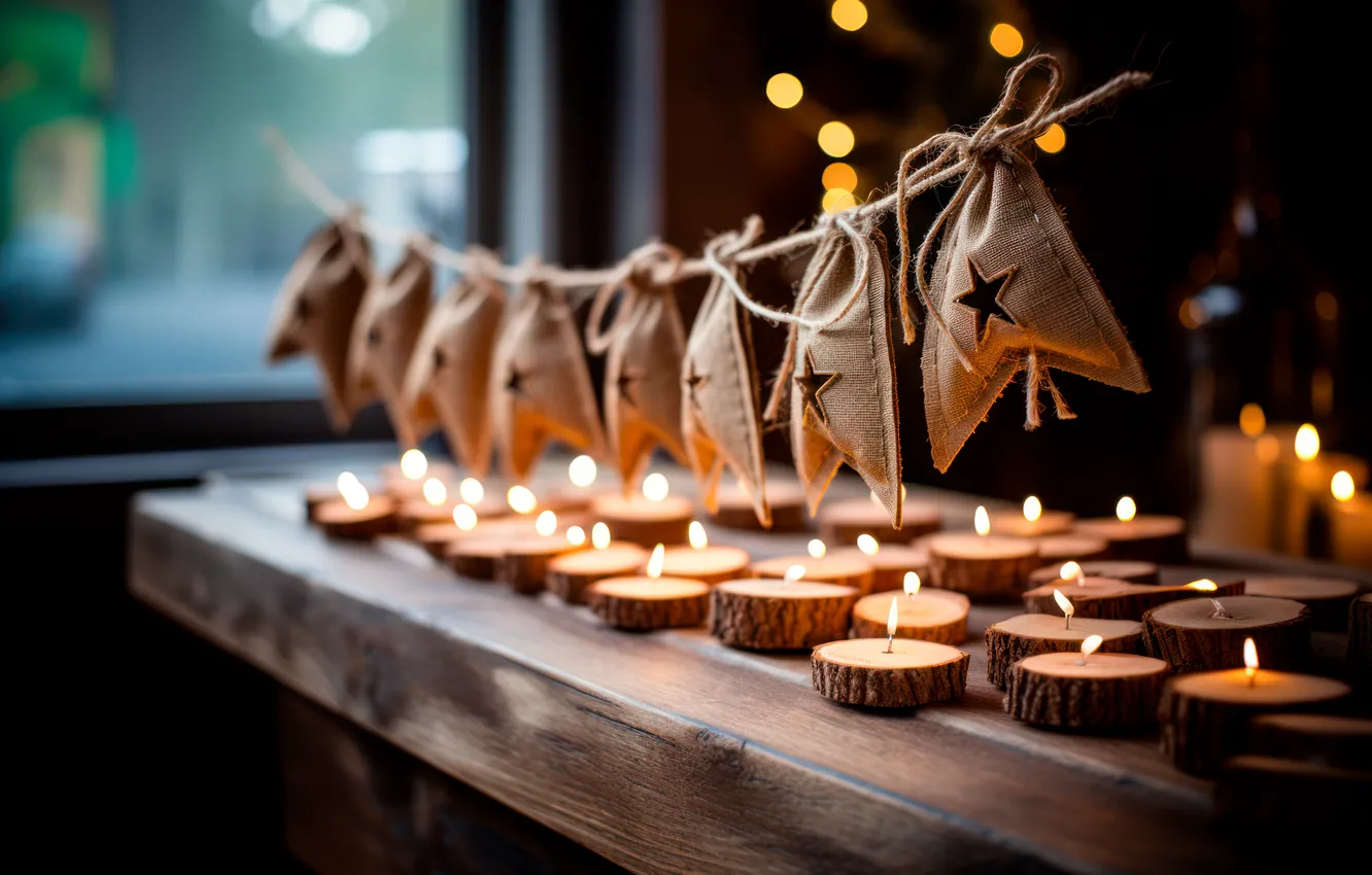Photo wallpaper light, lights, the dark background, table, room, flame, Board, new year