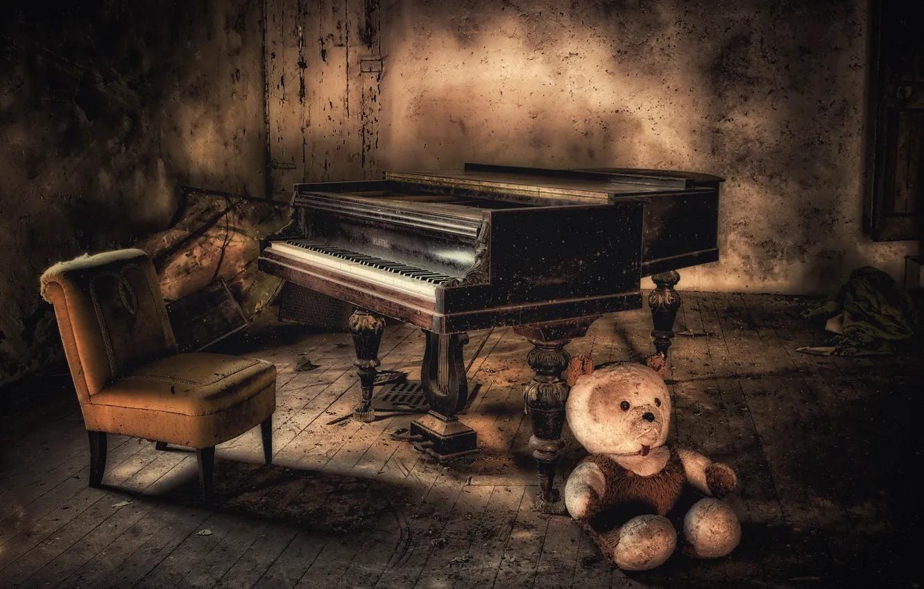 Photo wallpaper chair, bear, piano