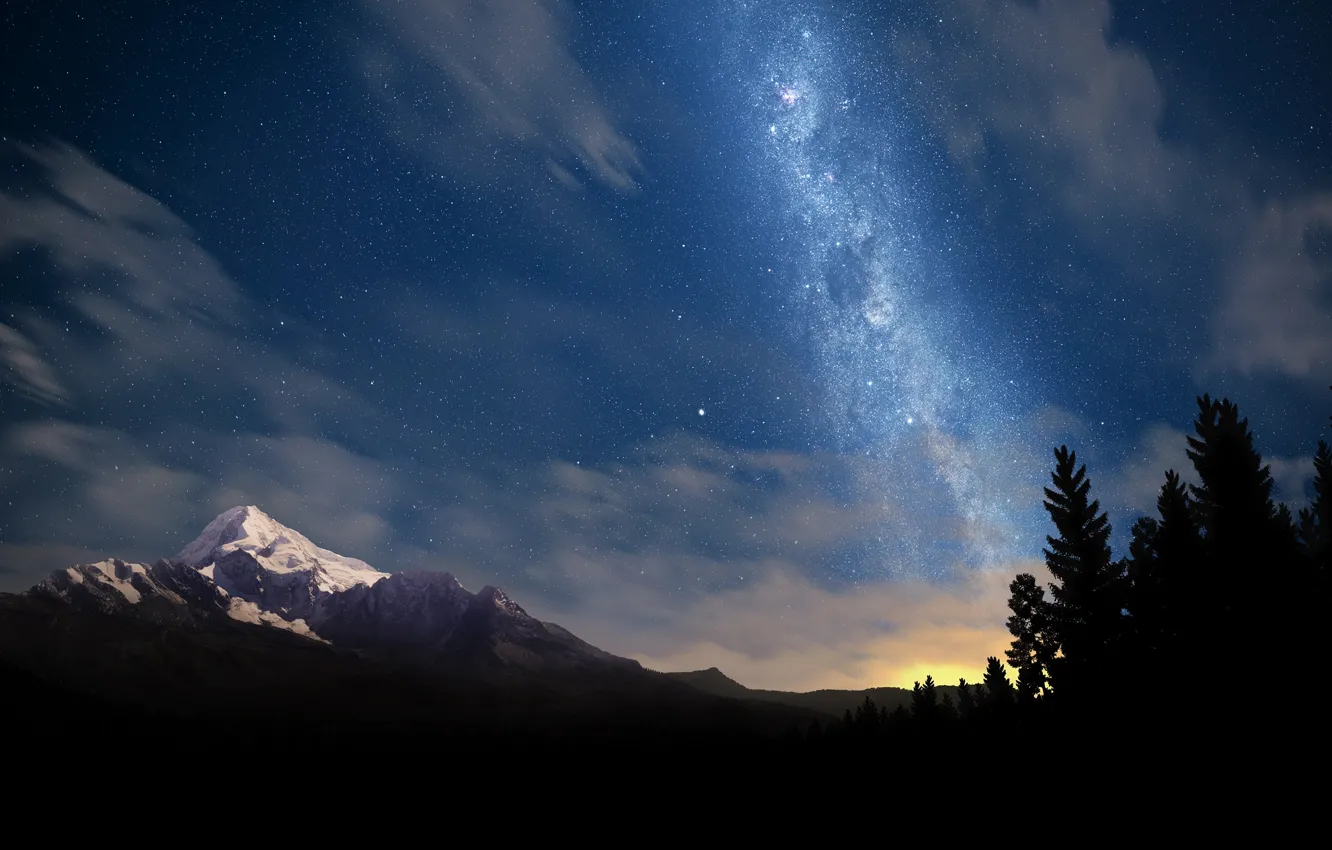 Photo wallpaper trees, mountains, night, nature, photo, tree, landscapes, star