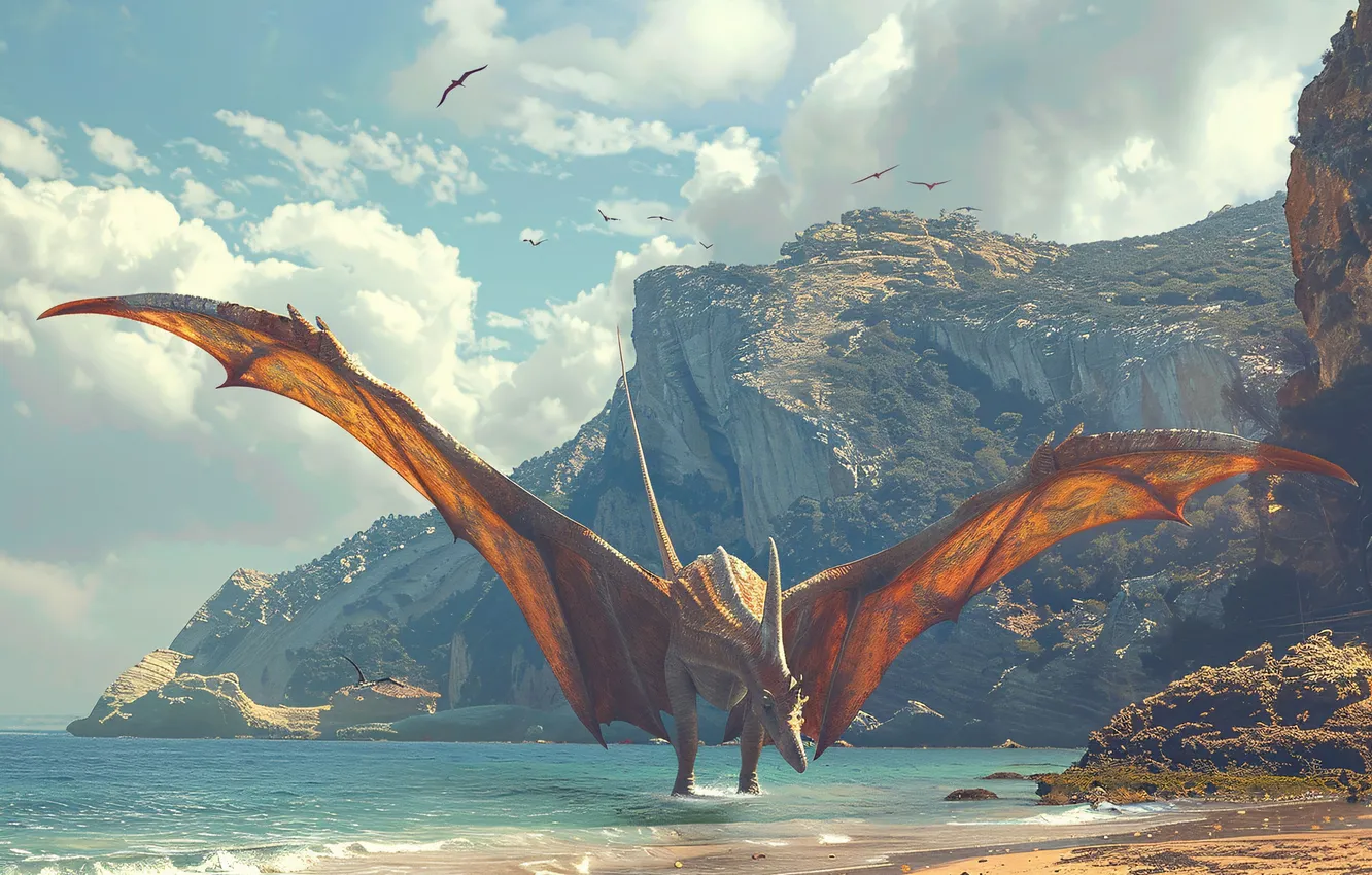Photo wallpaper sea, flight, rocks, animal, coast, wings, dinosaur, pterodactyl
