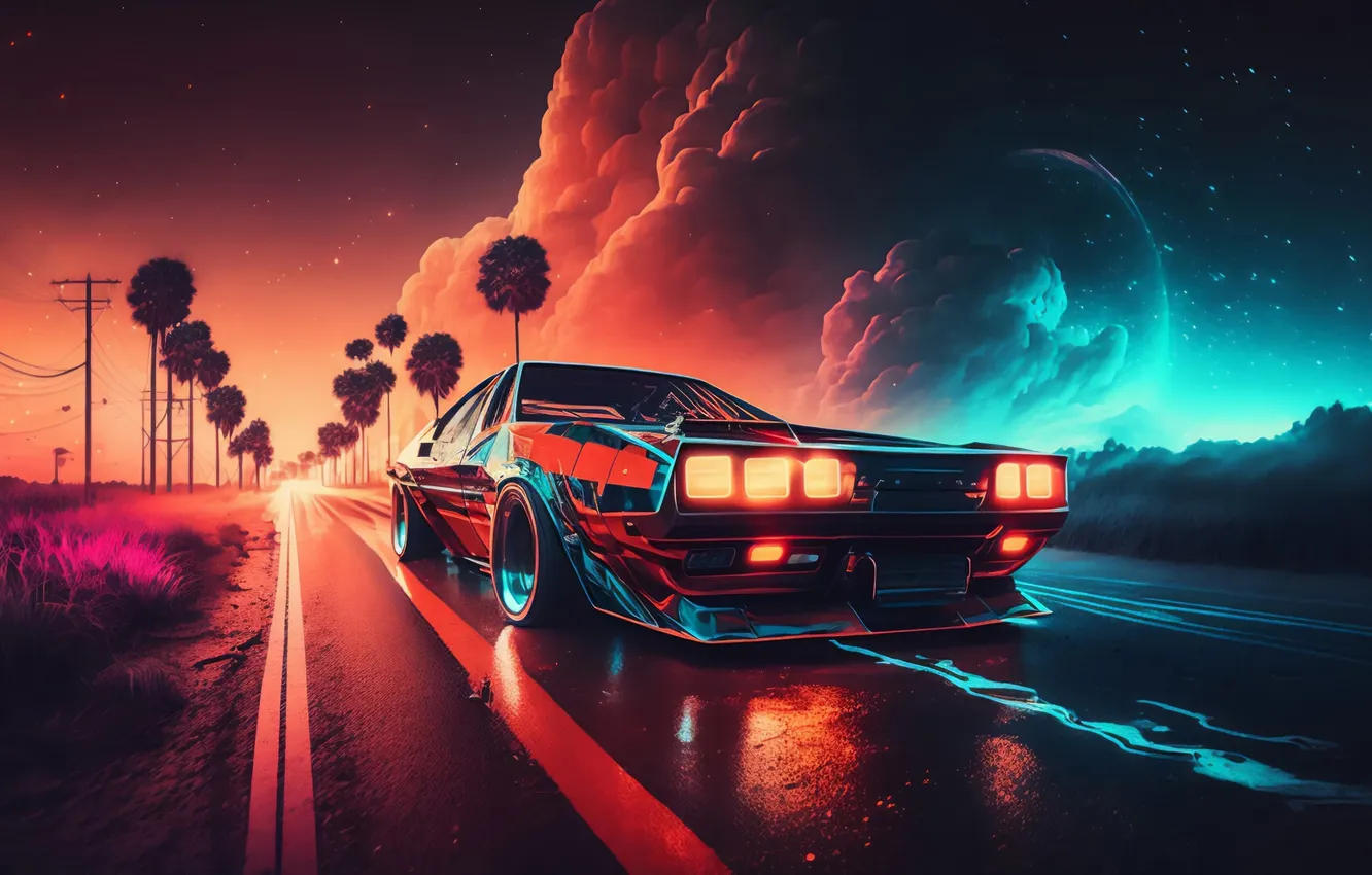 Photo wallpaper road, the sky, clouds, style, retro, palm trees, lights, smoke