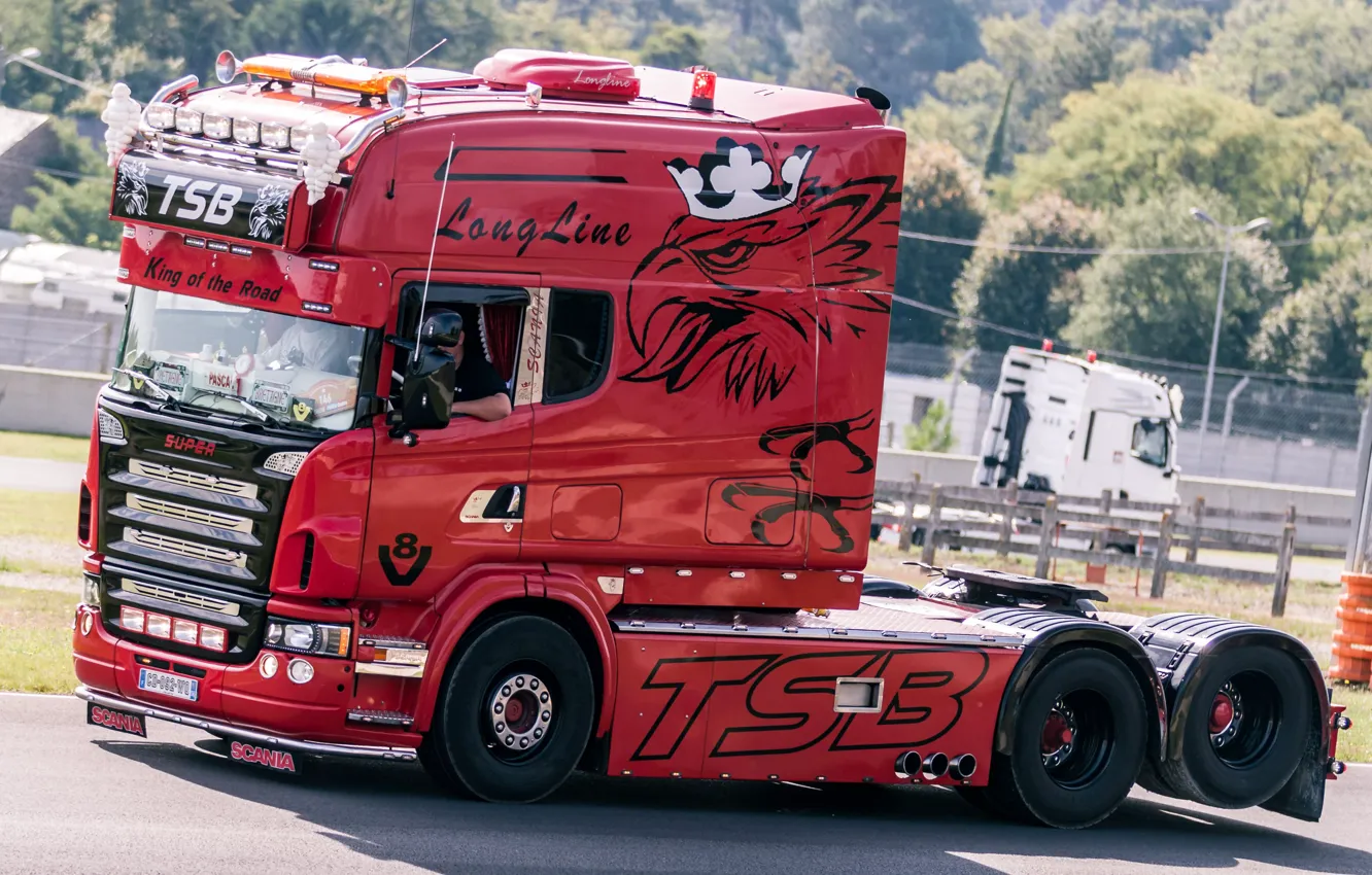 Photo wallpaper Red, Truck, Scania, Road, Longline