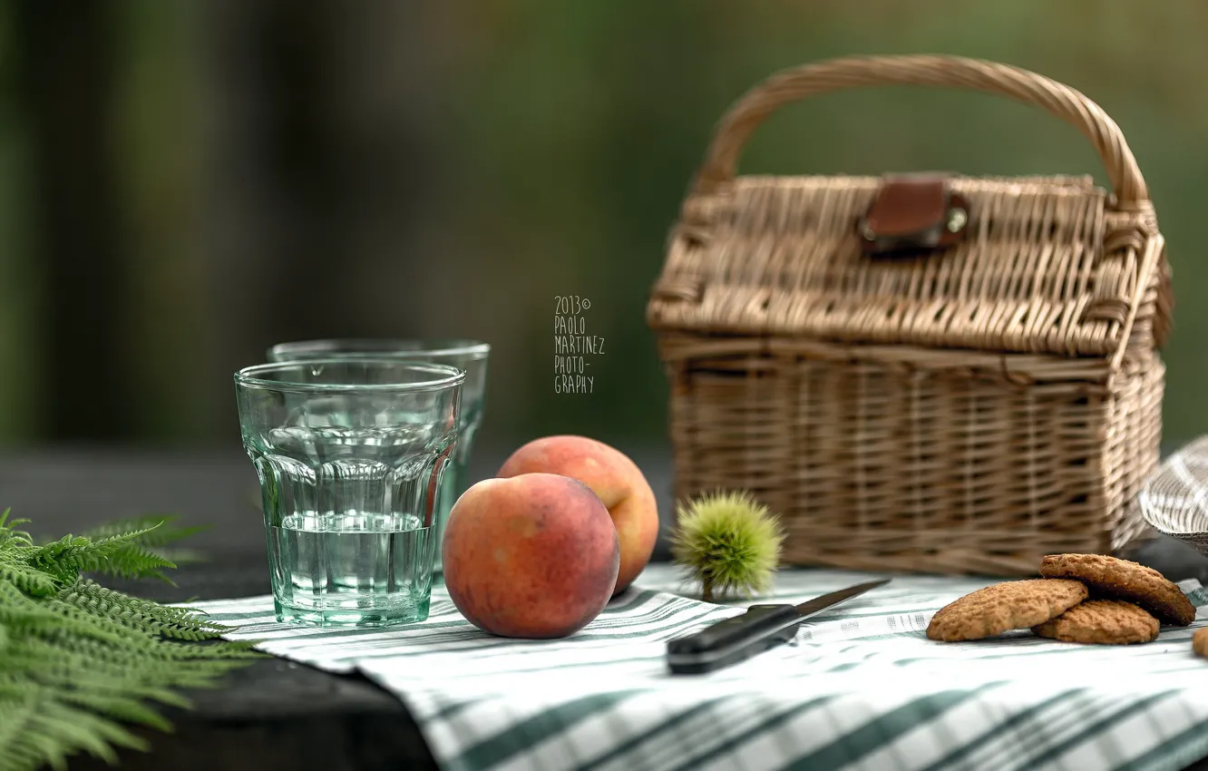 Photo wallpaper glass, knife, peaches