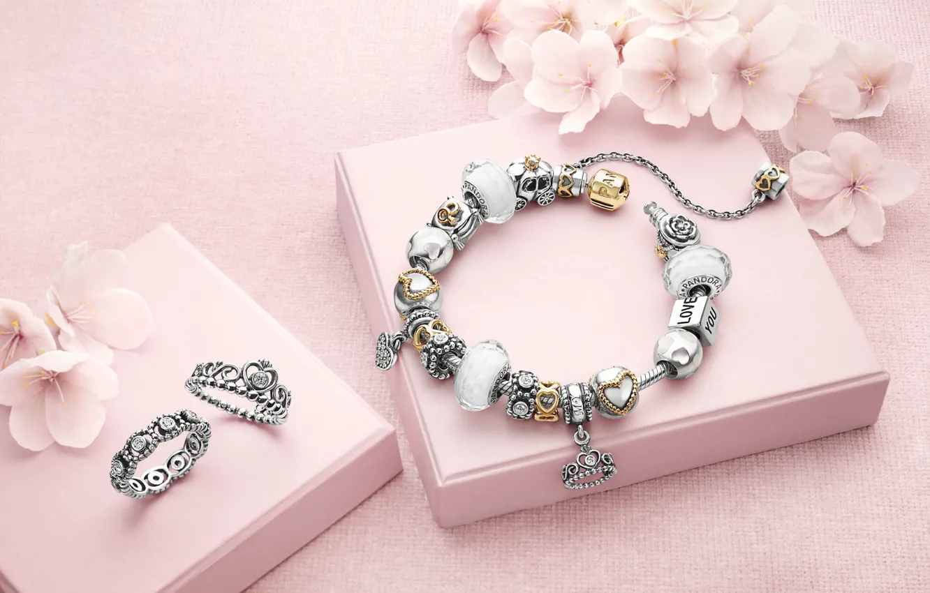 Photo wallpaper decoration, flowers, box, ring, bracelet, pandora, brand