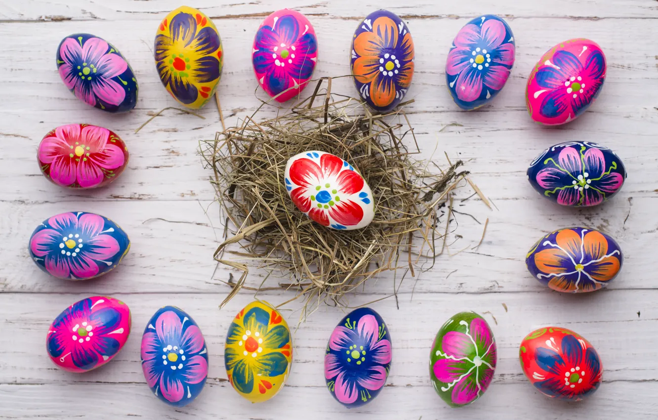 Photo wallpaper spring, colorful, Easter, wood, spring, Easter, eggs, decoration