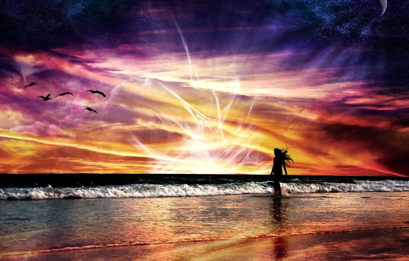 Photo wallpaper sea, wave, energy, girl, space, flight, landscape, sunset