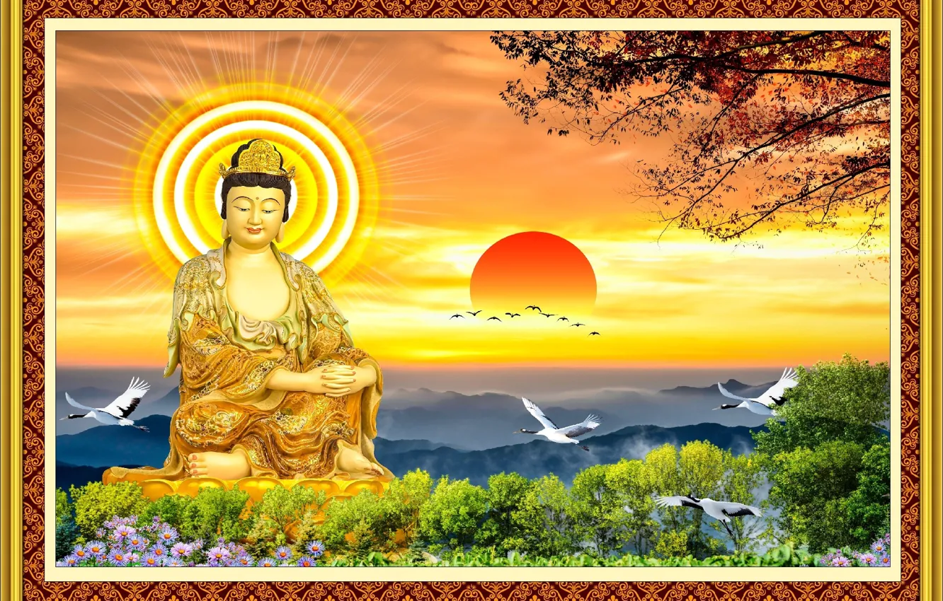 Photo wallpaper the sun, Paradise, picture, art, fantasy, fantasy, Buddha, art