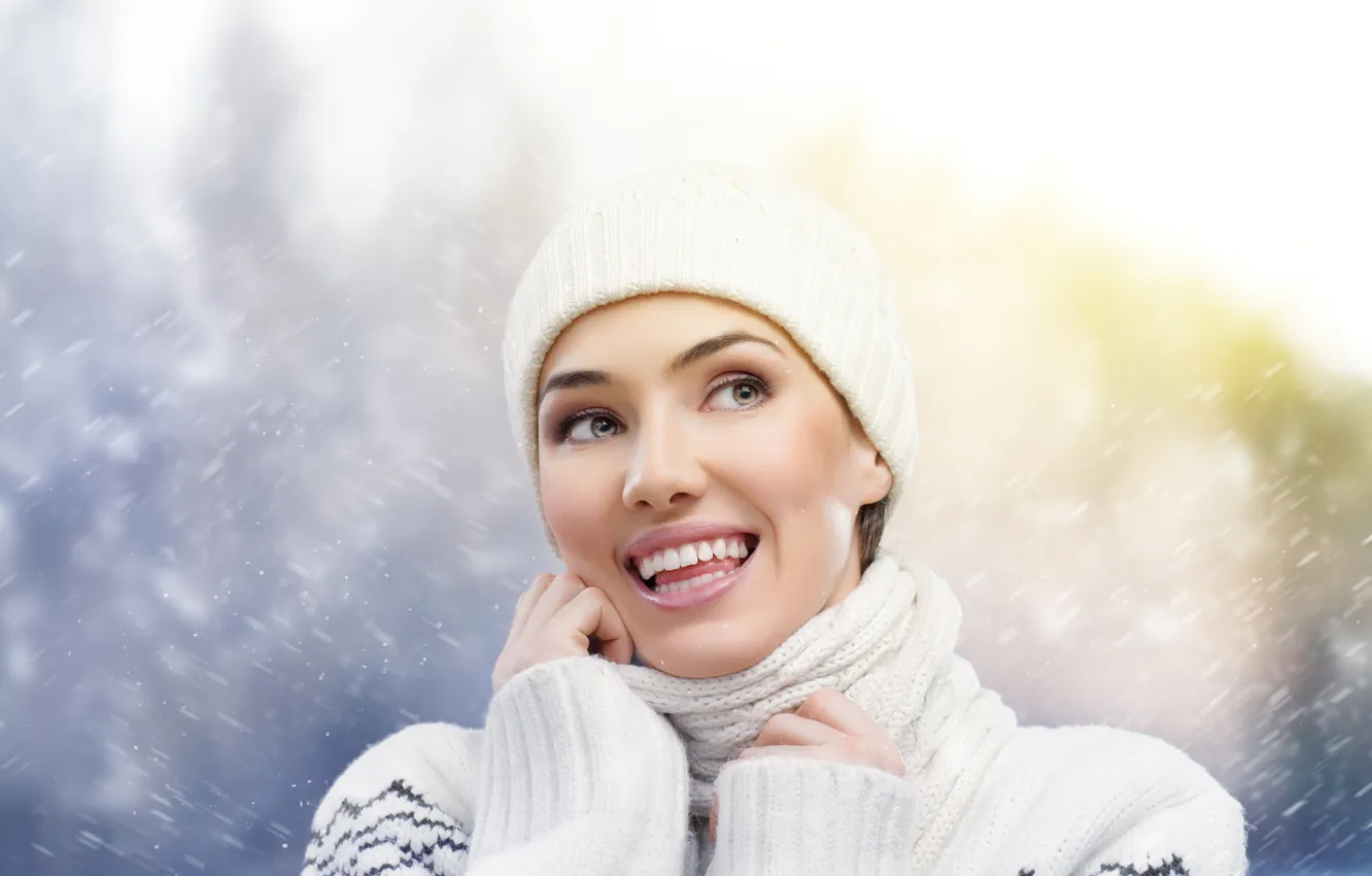 Photo wallpaper girl, snow, joy, laughter, cap, sweater, brown-eyed