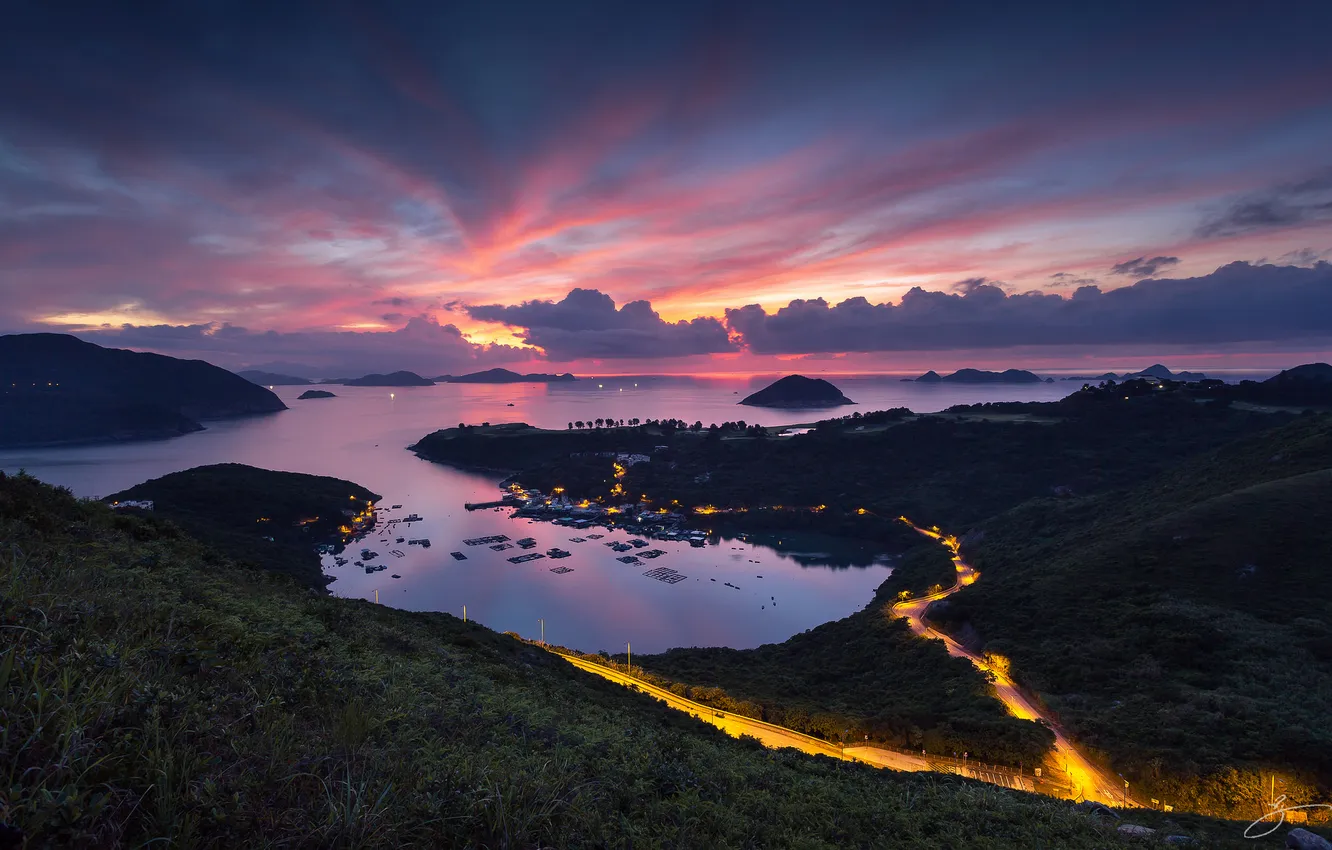 Photo wallpaper light, hills, Hong Kong, the evening, Bay