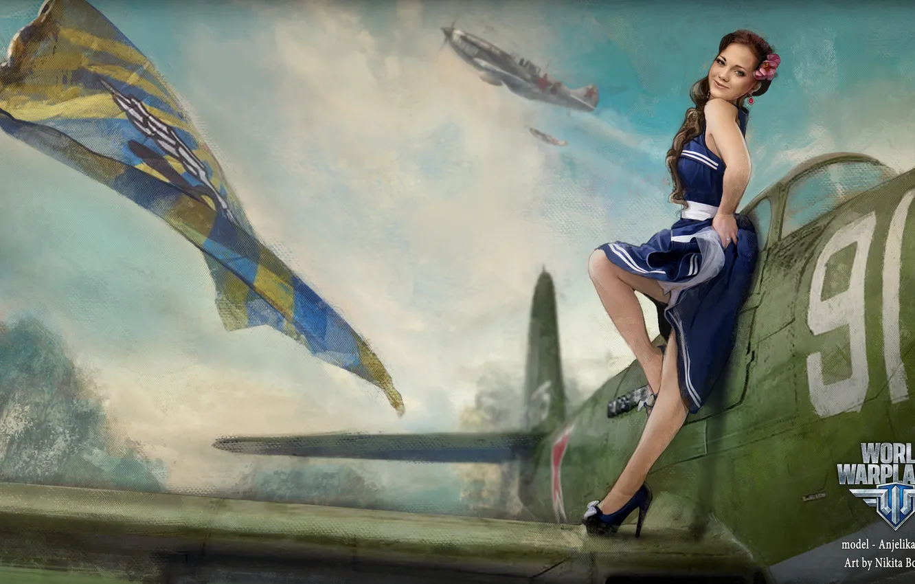 Photo wallpaper girl, flag, girl, the plane, aviation, air, MMO, Wargaming.Net