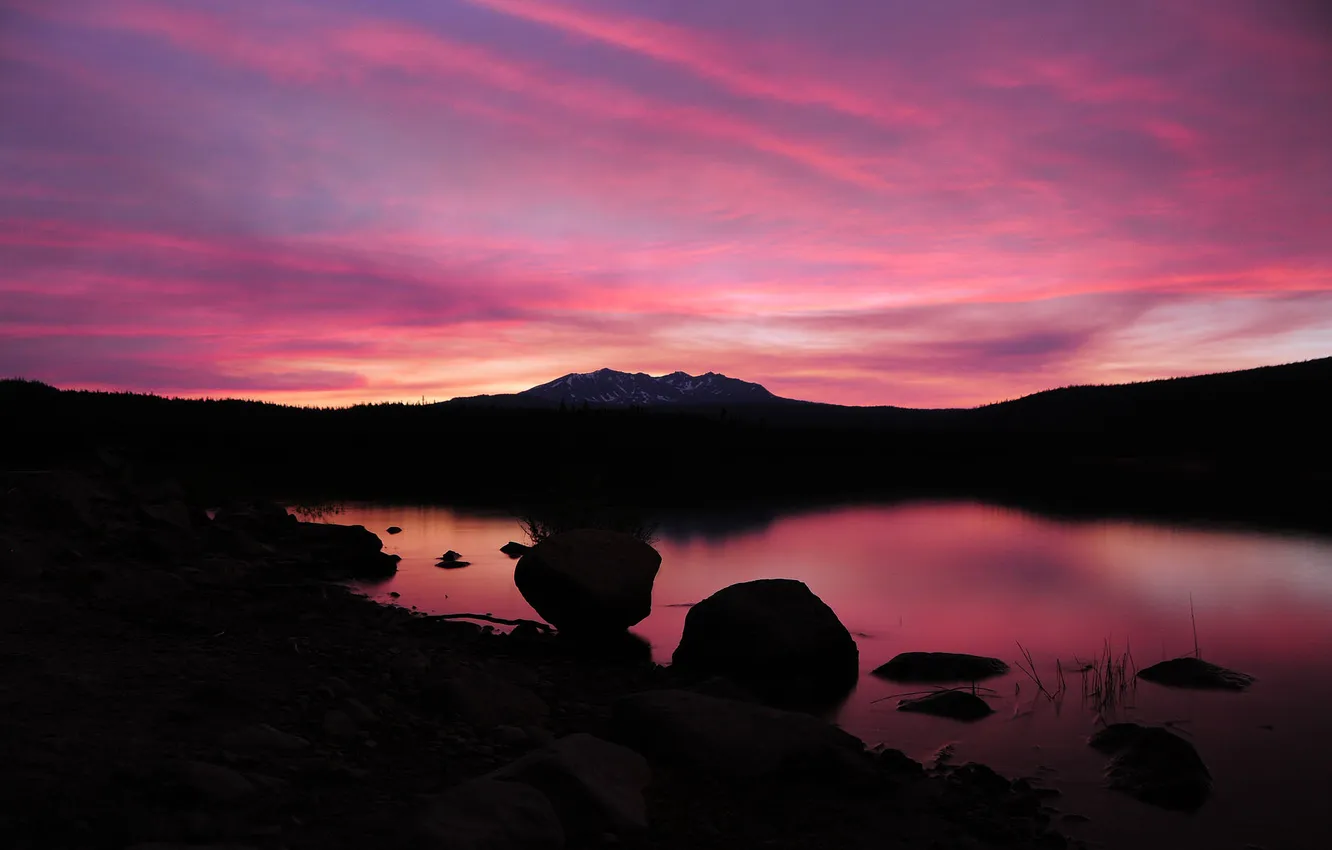 Photo wallpaper water, sunset, lake, reflection, stones, pink, rasvet