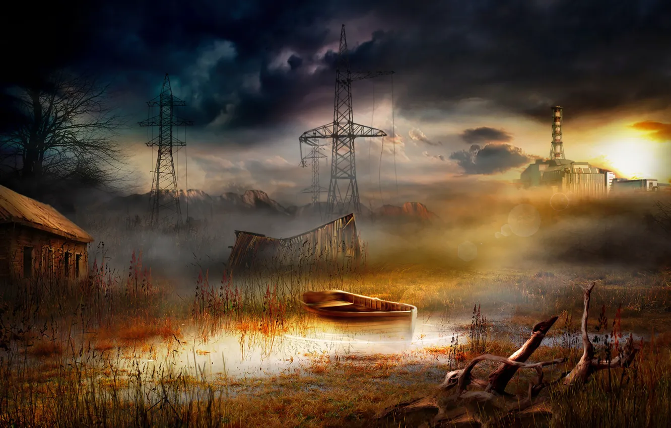 Photo wallpaper the sky, swamp, village, horizon, Chernobyl, dawn, FDS