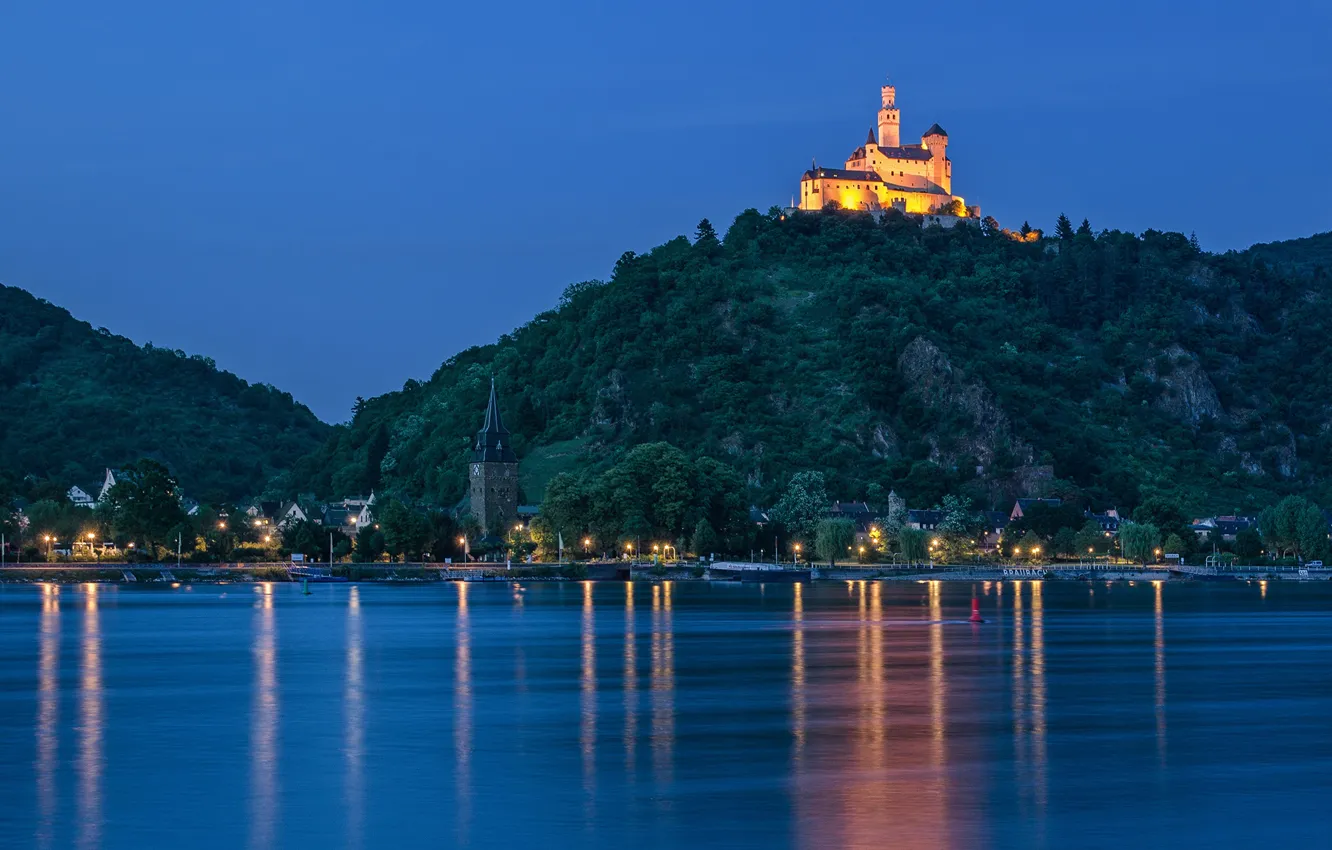 Photo wallpaper river, castle, mountain, Germany, night city, Germany, Rhine River, Rhineland-Palatinate