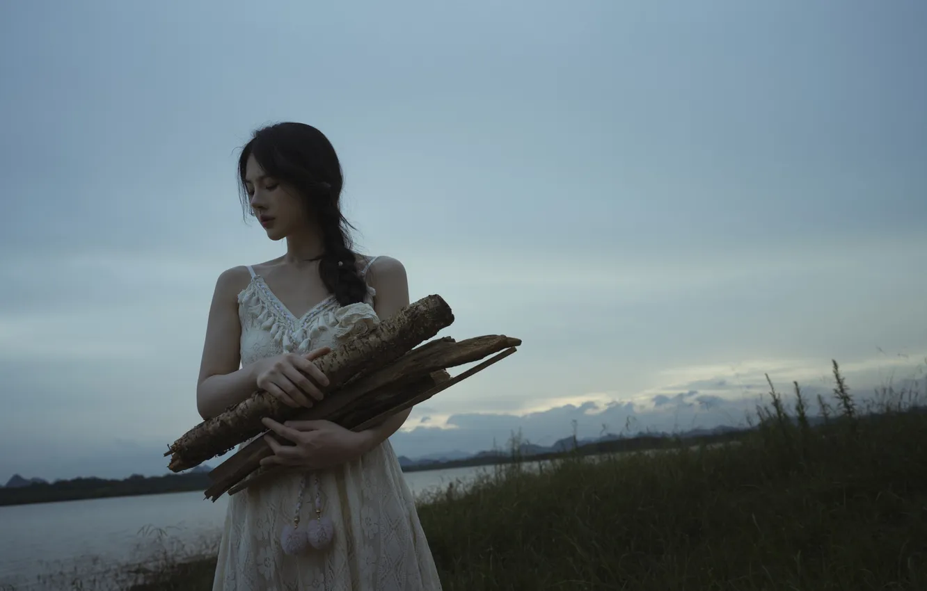 Photo wallpaper dark, grass, sky, woman, water, beautiful, evening, model
