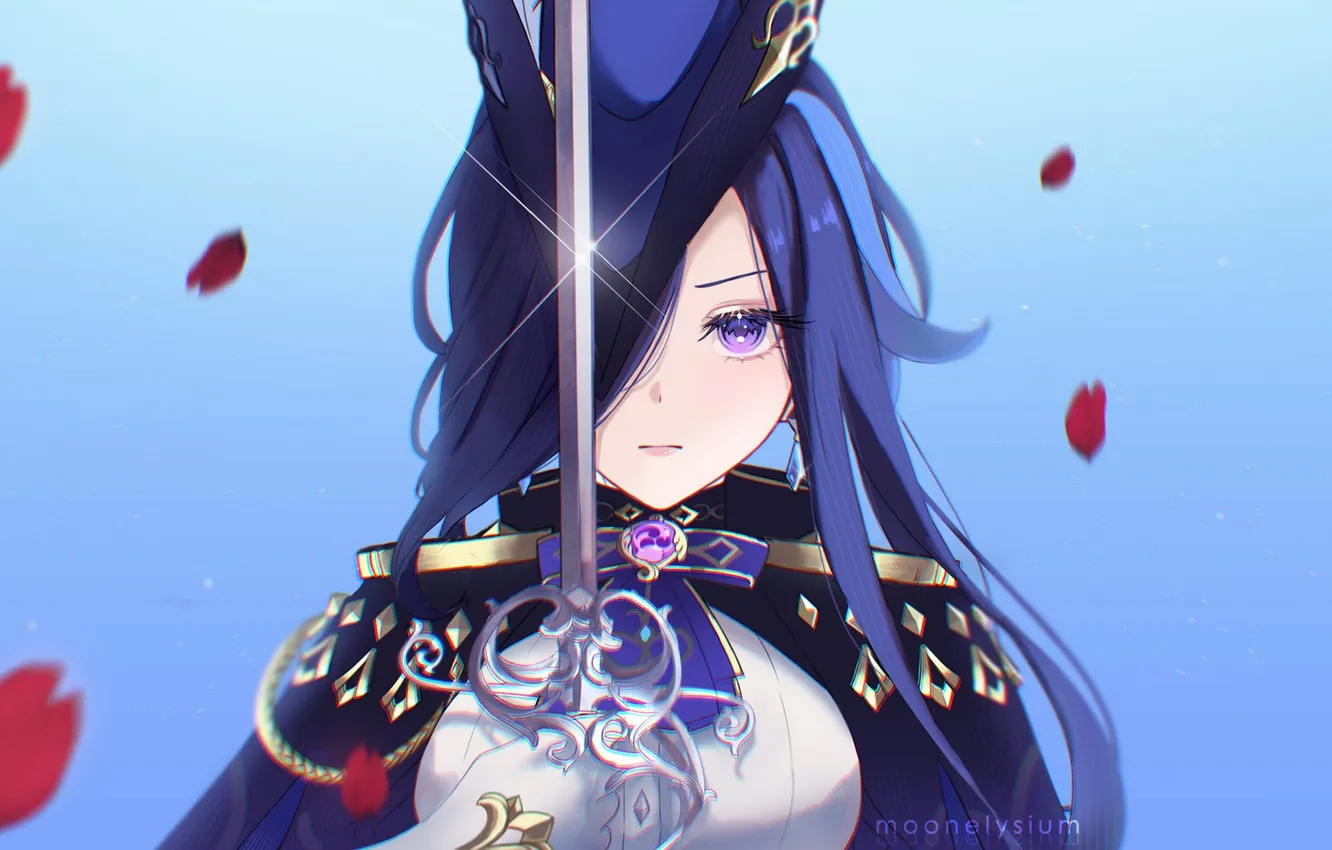 Photo wallpaper look, pose, the wind, hair, petals, form, sword, Genshin Impact