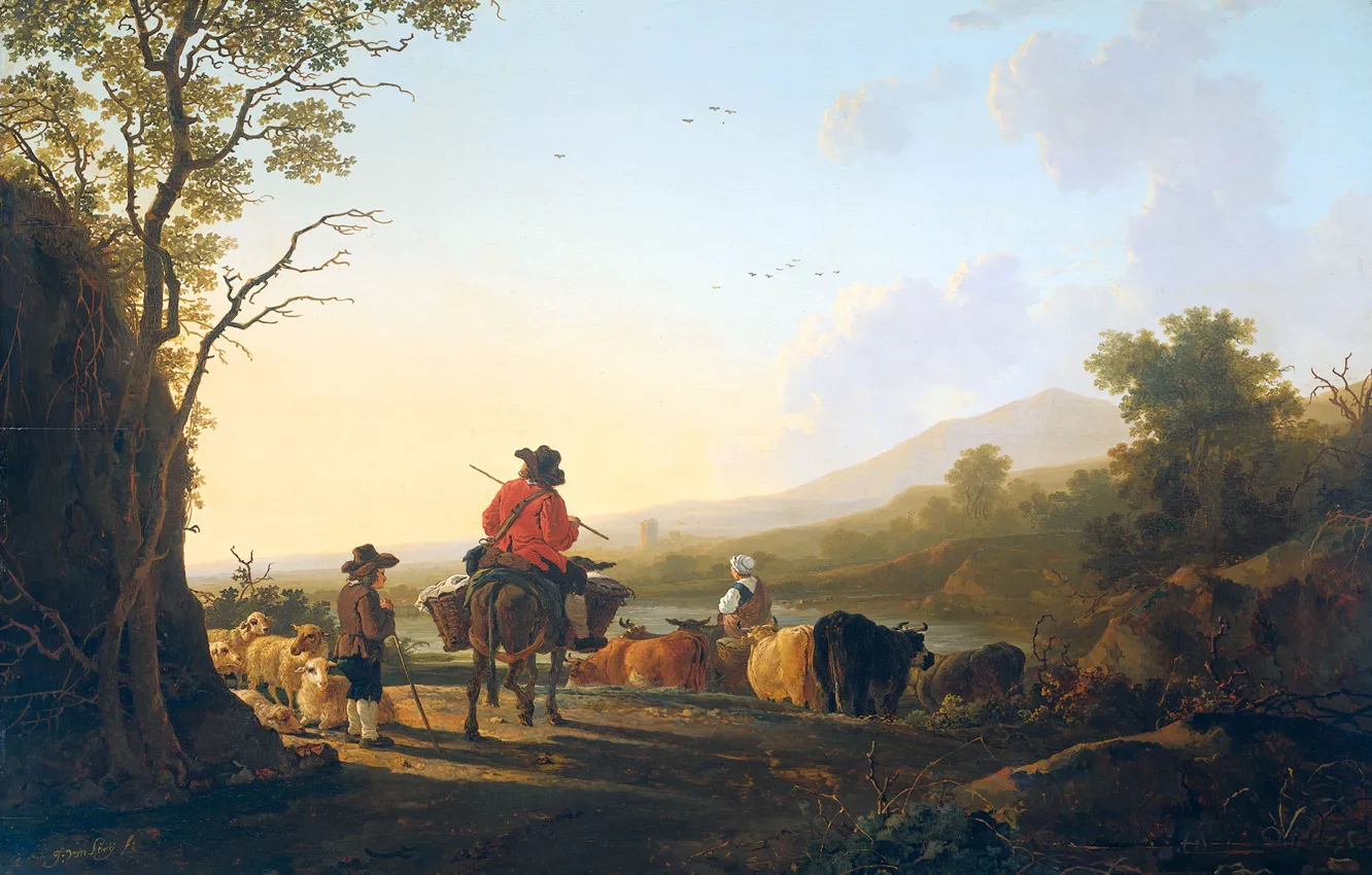 Photo wallpaper tree, oil, picture, Jacob van stry, Landscape with a shepherd and a Drover