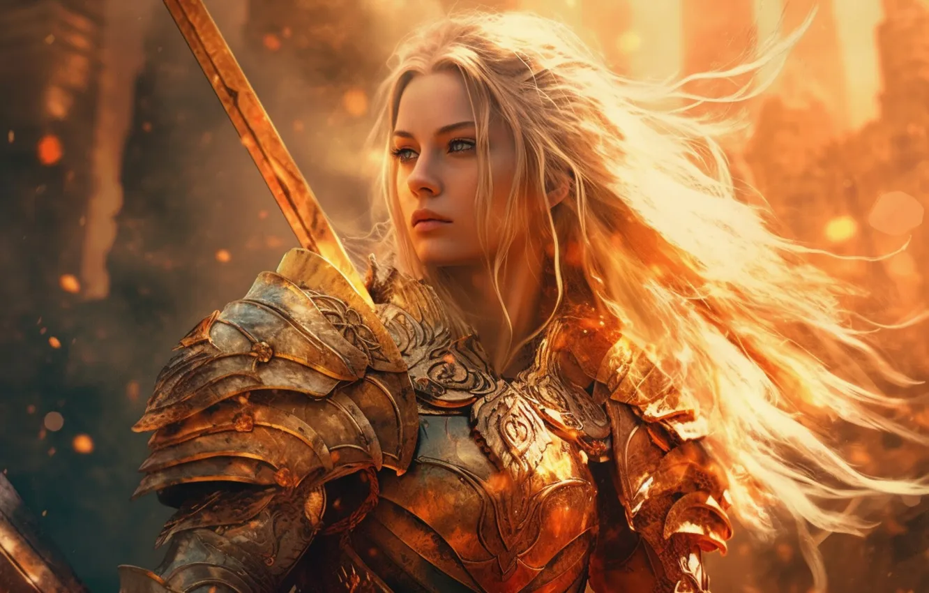 Photo wallpaper look, light, sword, armor, fantasy, blonde, warrior, flowing hair