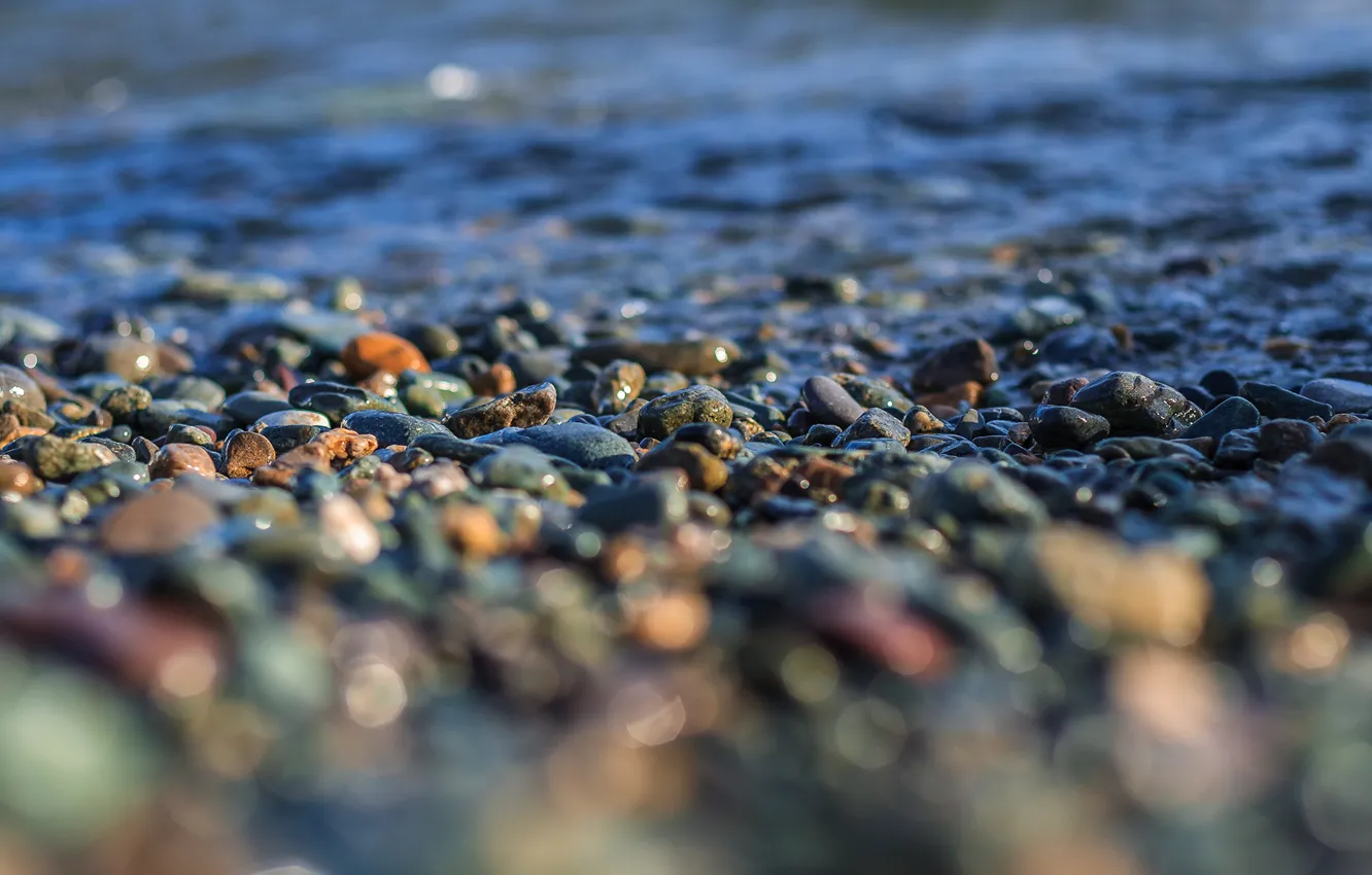 Photo wallpaper water, macro, pebbles, stones, shore, tilt-shift
