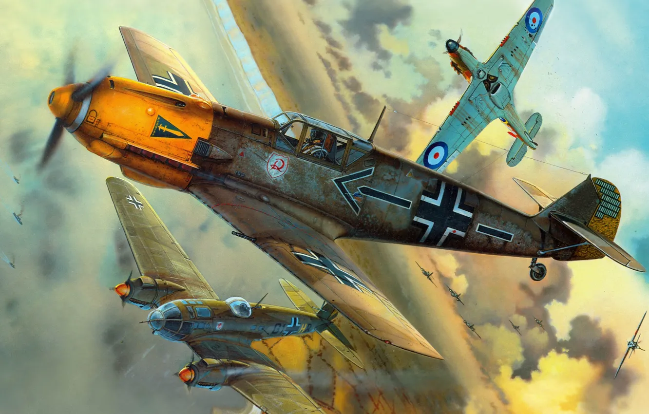 Photo wallpaper aircraft, The second world war, British, German, air battles, Messerschmitt Bf-109E4
