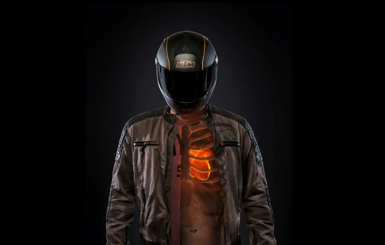 Photo wallpaper heart, helmet, black background, KTM, torso, Motorcyclist, Sportmotorcycle, ribs